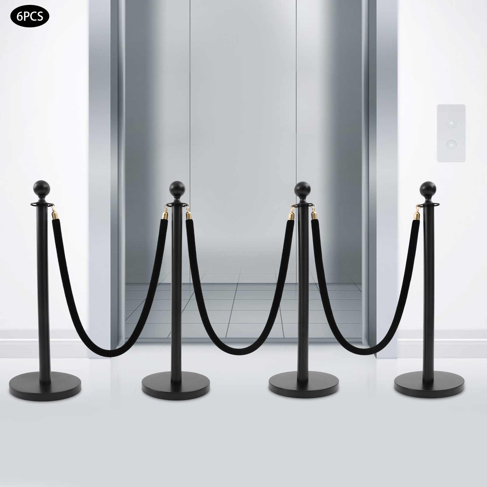 6-Piece Black Stanchion Set 95cm Posts With 4×1.5m Velvet Ropes 201 Stainless