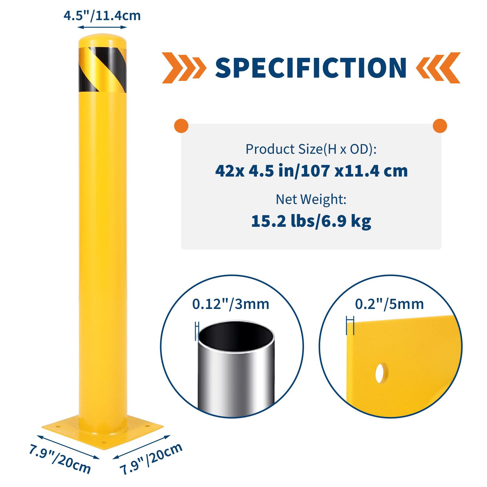 6Pcs Reflective Safety Bollard 48in Q235 Steel 4.5in OD for Parking Lot w/ Bolts