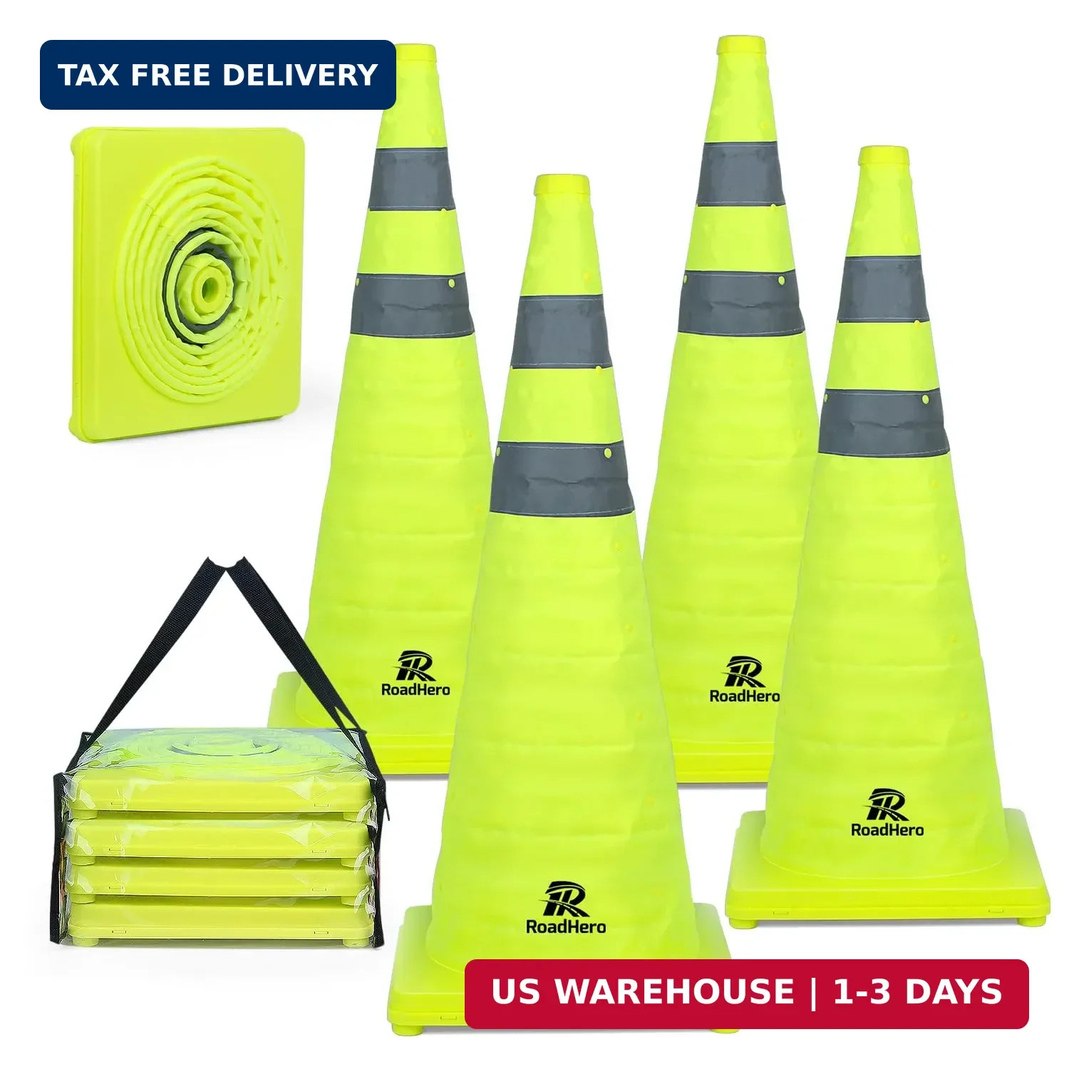 RoadHero 28 Inch 4 Pack Collapsible Traffic Safety Cones, Lime Green Pop-up Cone