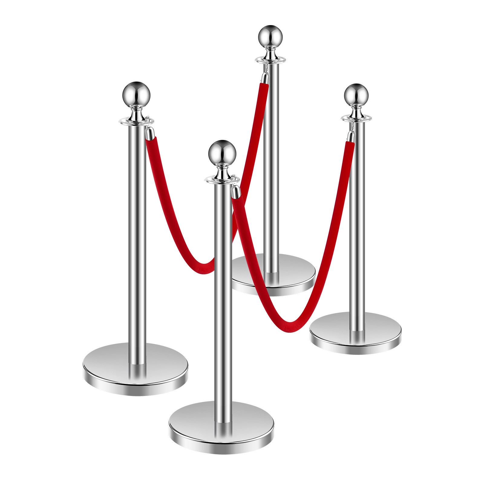 4 Pcs Silver Stanchion Post 2 Red Velvet Ropes Sand Injection Hollow Base