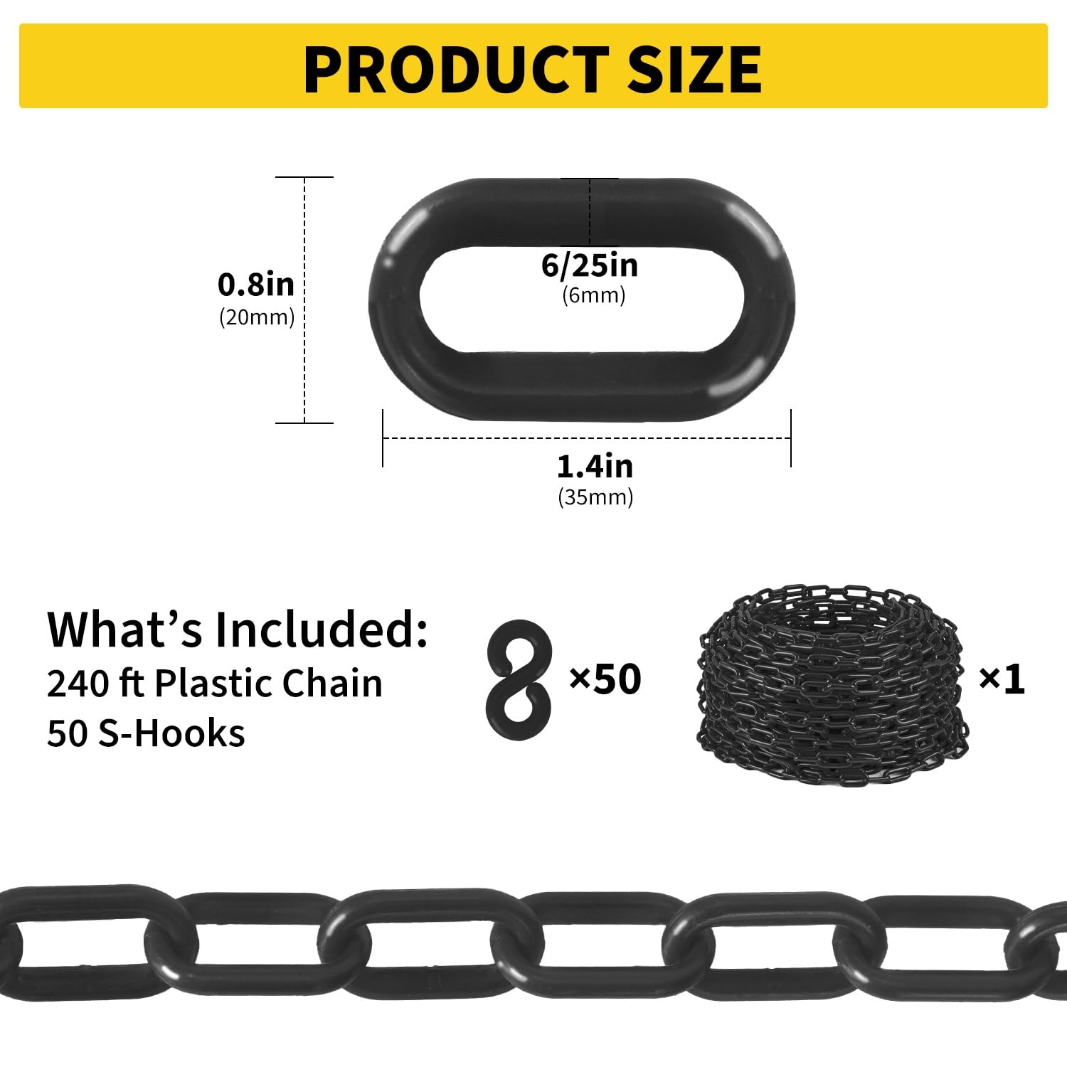 UV-Resistant Plastic Barrier Chain 240 FT w/ 50 S-Hooks for Indoor Outdoor