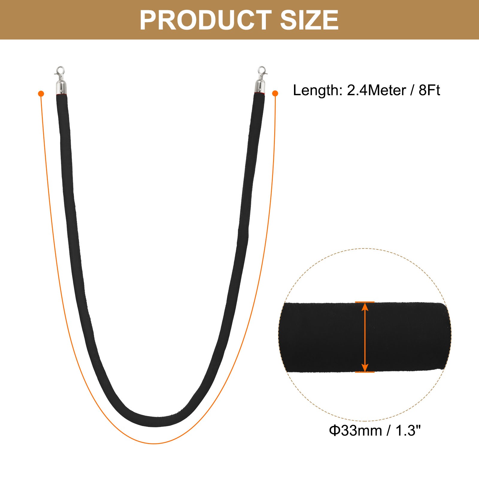 8ft Velvet Stanchion Rope Crowd Control Barrier Rope w Snap Hooks Silver Black