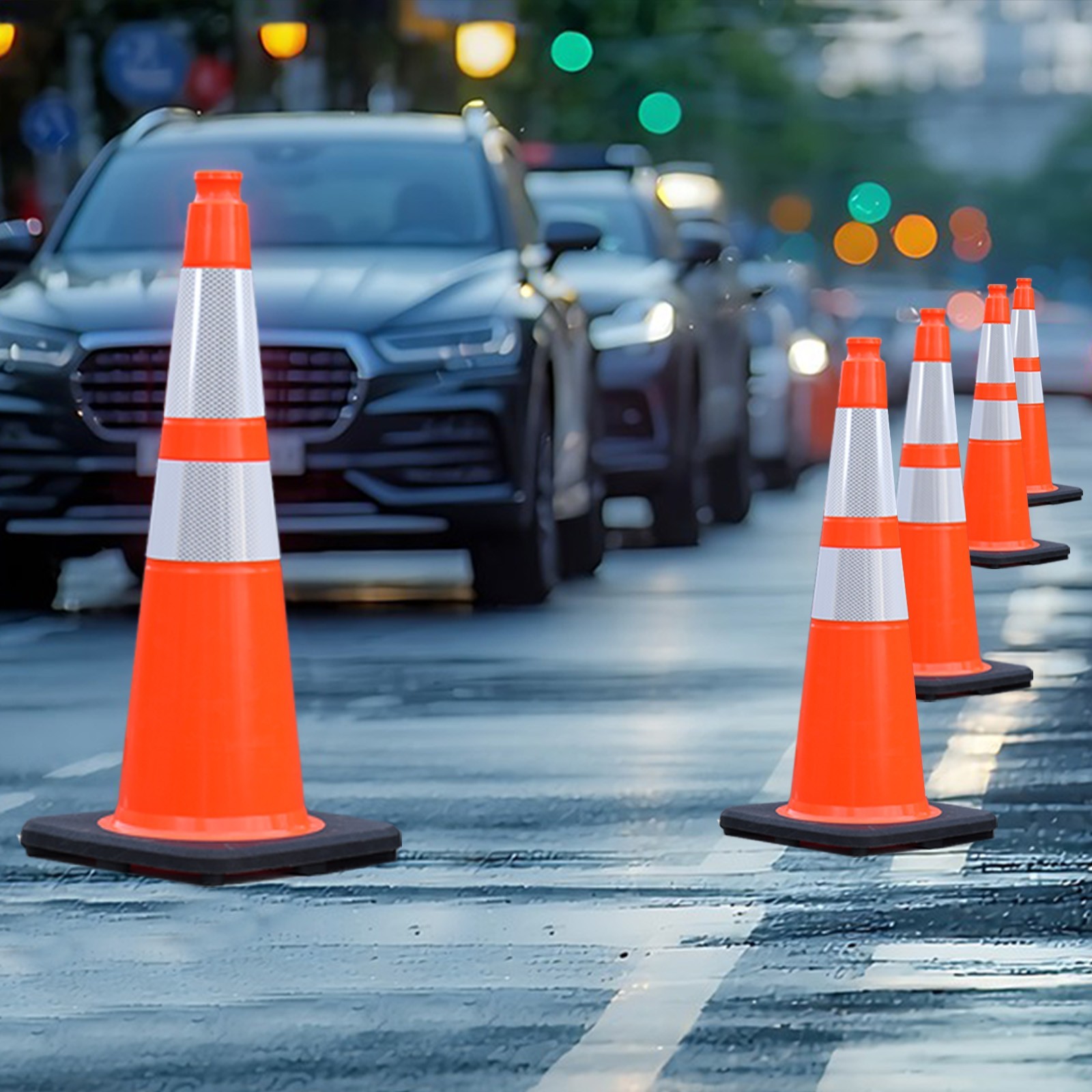 8PCS 28inch Orange Black Base Flexible PVC Traffic Cones with Reflective Collar