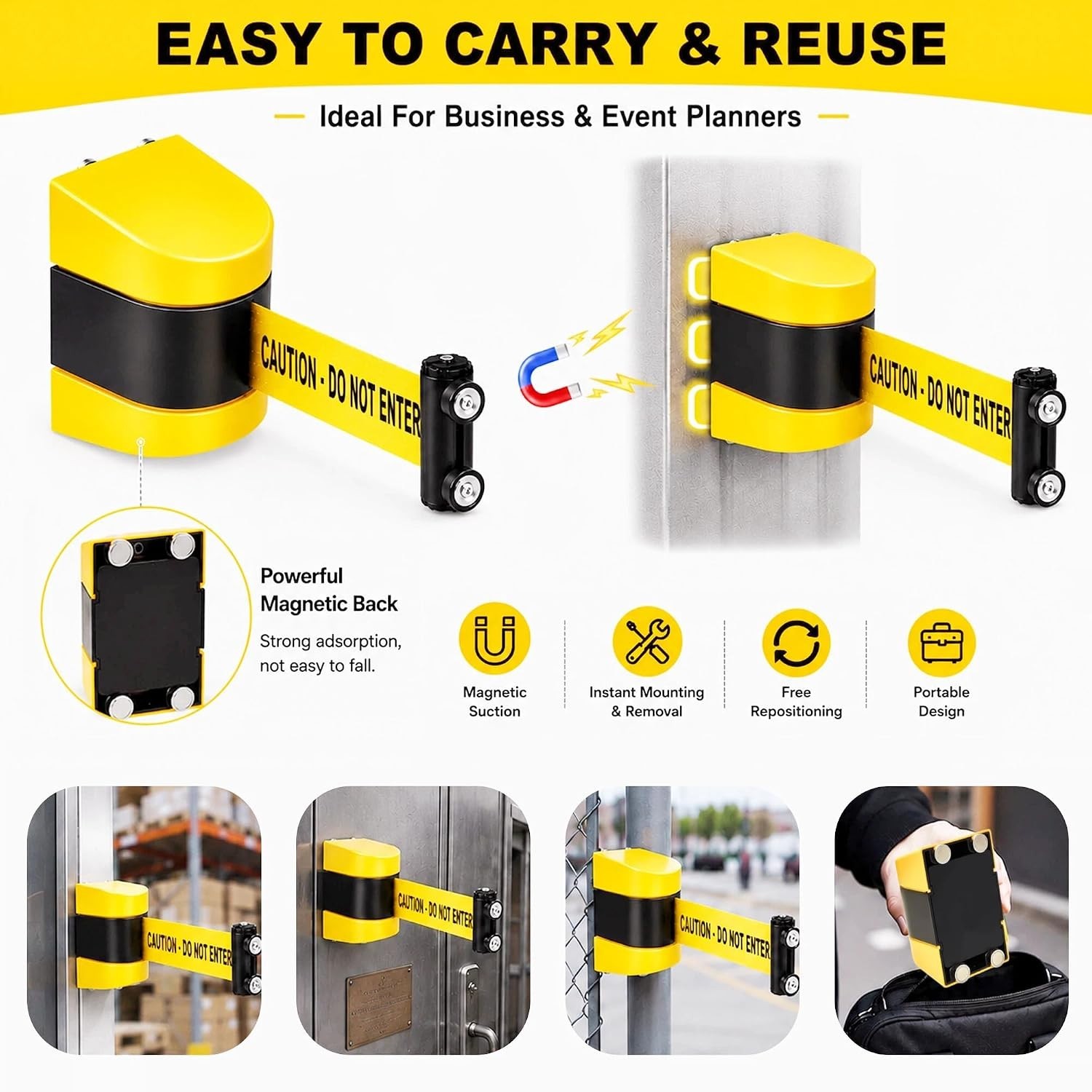 Magnetic Wall Mount Retractable Barrier 4 Pack, Fixed Crowd Control Caution Belt