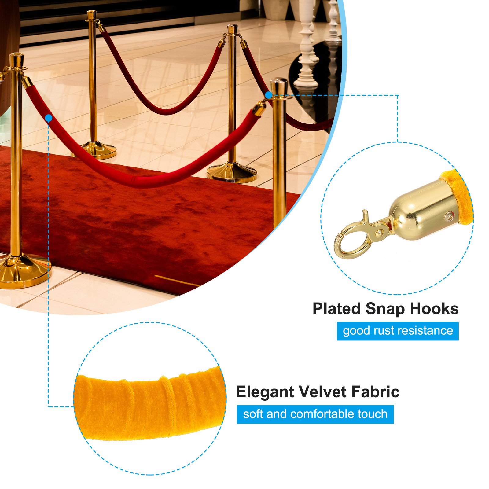 8 Pack Yellow Velvet Stanchion Rope, 5 Ft Ropes Barrier Rope with Gold Hooks