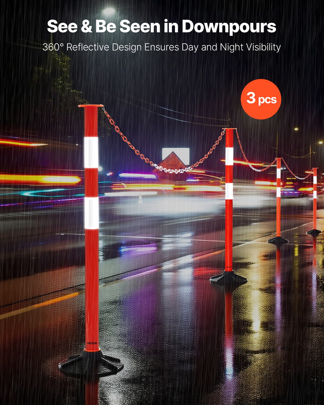 VEVOR 3 Packs Traffic Delineator Posts 34 in Safety Cones Weighted Base & Chains