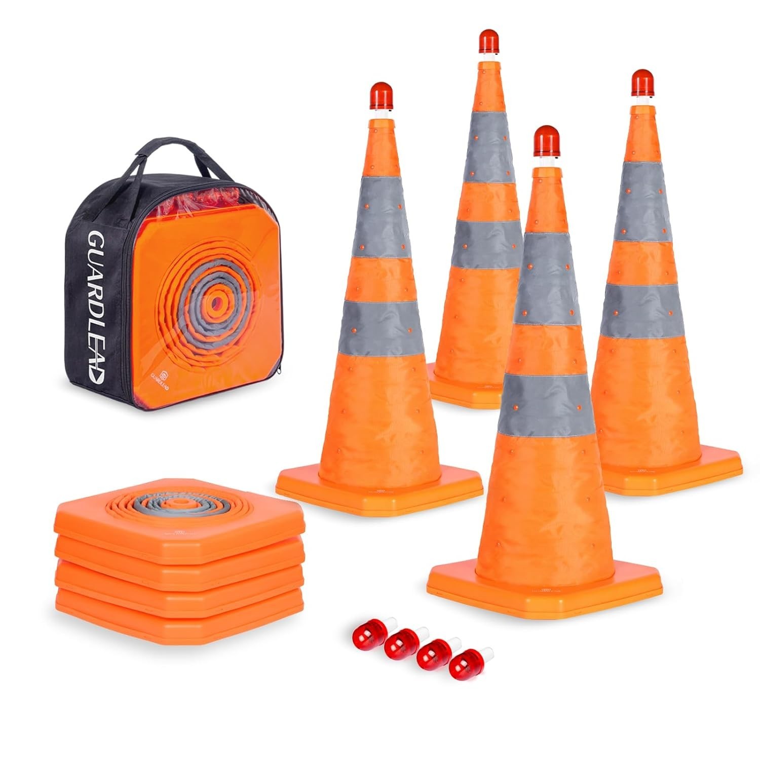 4 Pack 28 inch Collapsible Traffic Cones with LED Light, Safety Cones with Refle