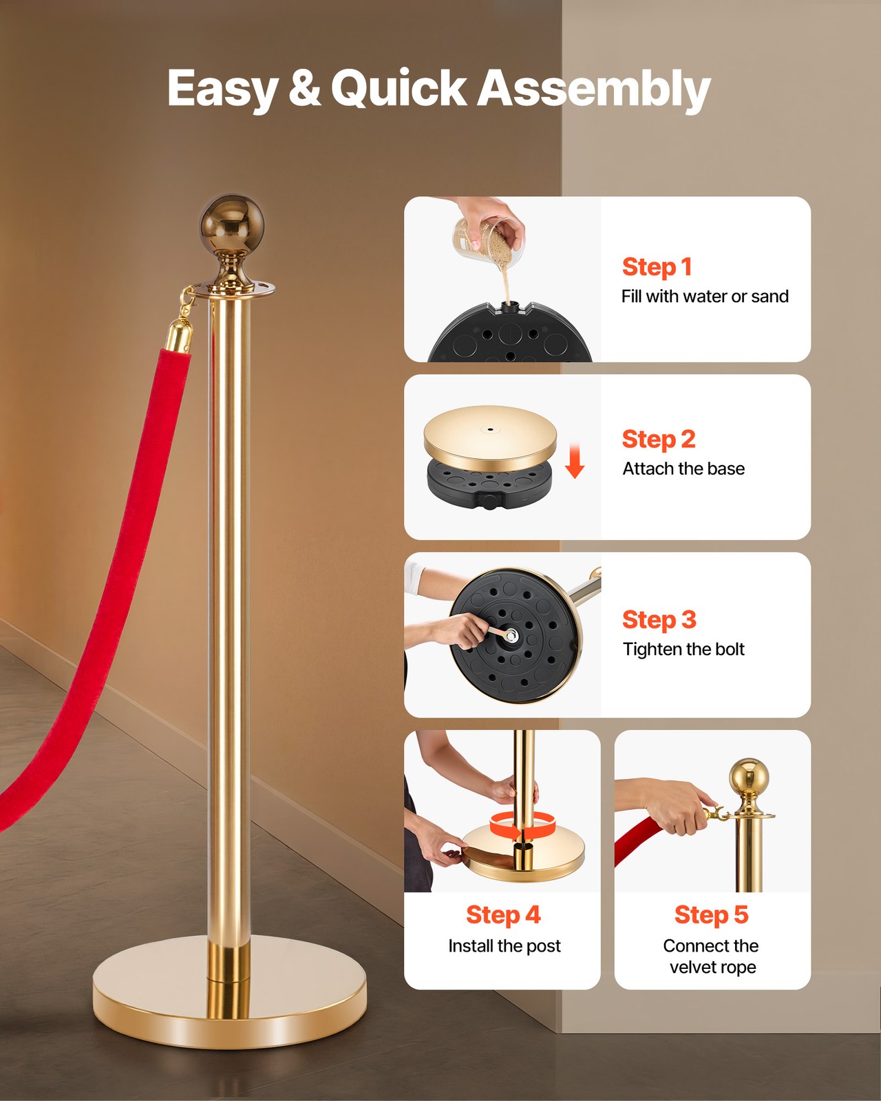 VEVOR 8 Pcs Stanchion Post with Red Carpet & 6 Red Velvet Ropes Hollow Base Gold