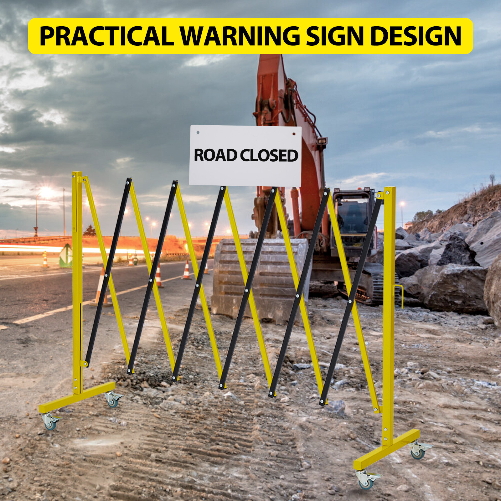 19.8×3.4FT Expandable Metal Barricade Traffic Fence Safety Barrier Gate w/Caster