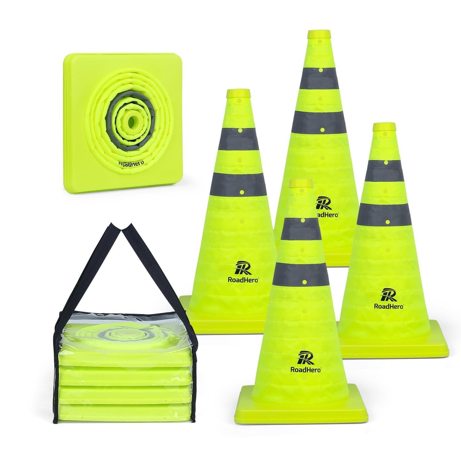 RoadHero 18 Inch 4 Pack Collapsible Traffic Safety Cones, Lime Green 18