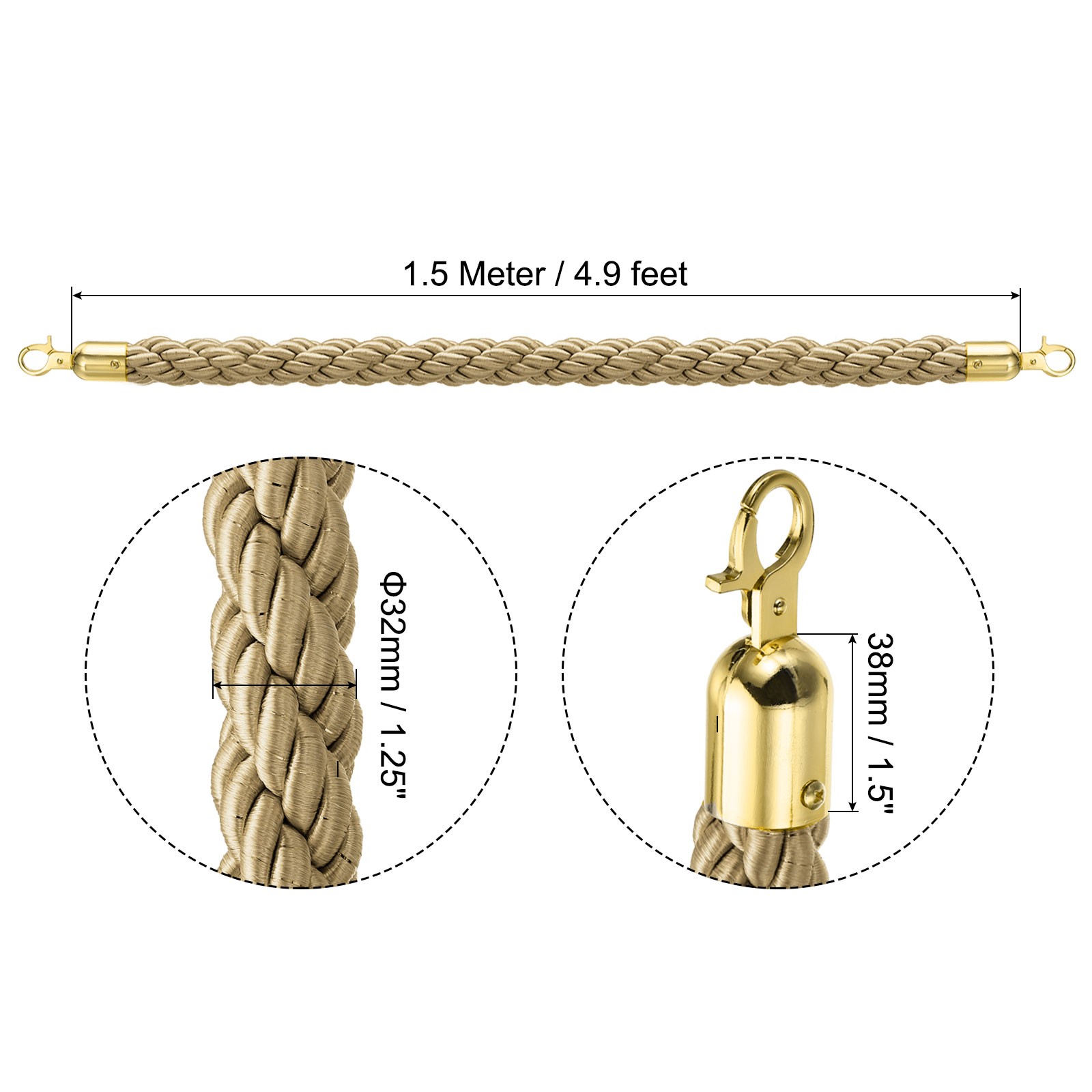 Stanchion Rope 1.5m 5Ft Barrier Rope Twisted Post Champagne Gold Gold Hook
