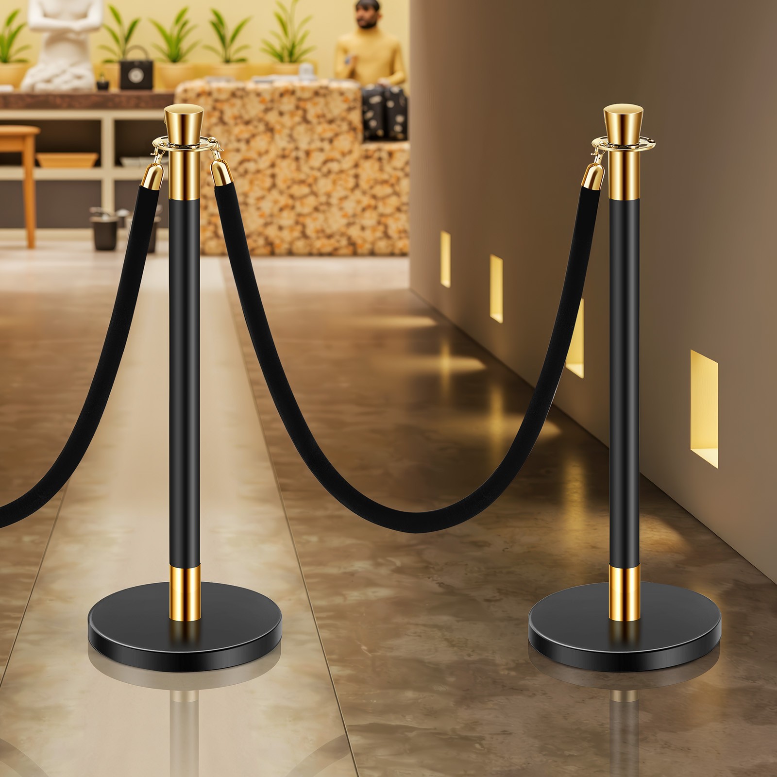 Uimoso 6 Pcs Stanchion Post with 4 Black Velvet Ropes Sand Injection Hollow Base