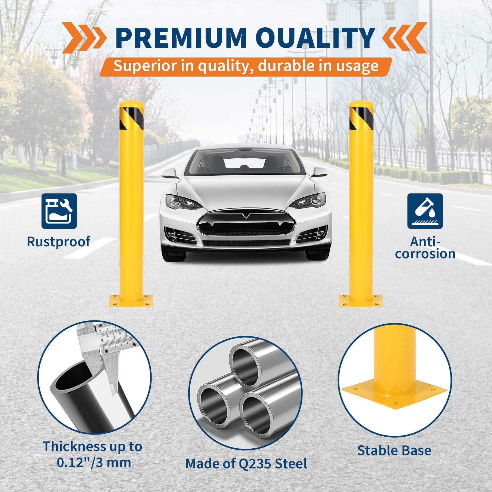 6Pcs Reflective Safety Bollard 48in Q235 Steel 4.5in OD for Parking Lot w/ Bolts