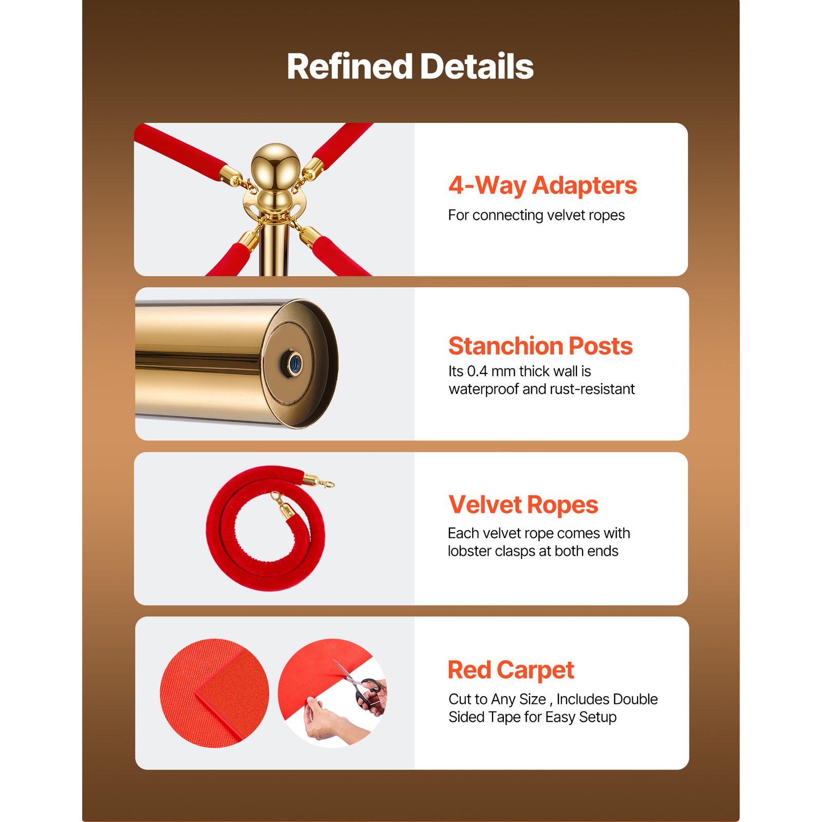 Uimoso 6PCS Gold Stanchion Post Set with Red Carpet Crowd Control Barrier