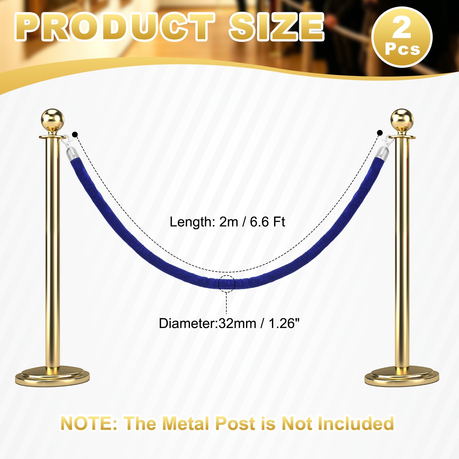 Velvet Stanchion Ropes with Silver Buckle, (6.6Ft X1.26 Inch, Blue) (2Pcs)