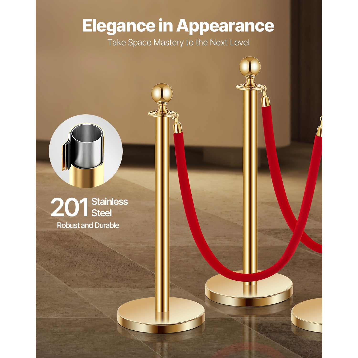 Uimoso 4 Pcs Gold Stanchion Post 2 Red Velvet Ropes Sand Injection Hollow Base
