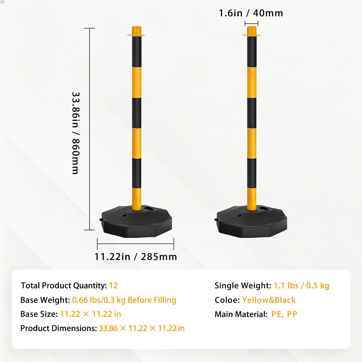 （Used）12Pack 34″Adjustable Delineator Post Cones Fillable Base6.6FT Chain