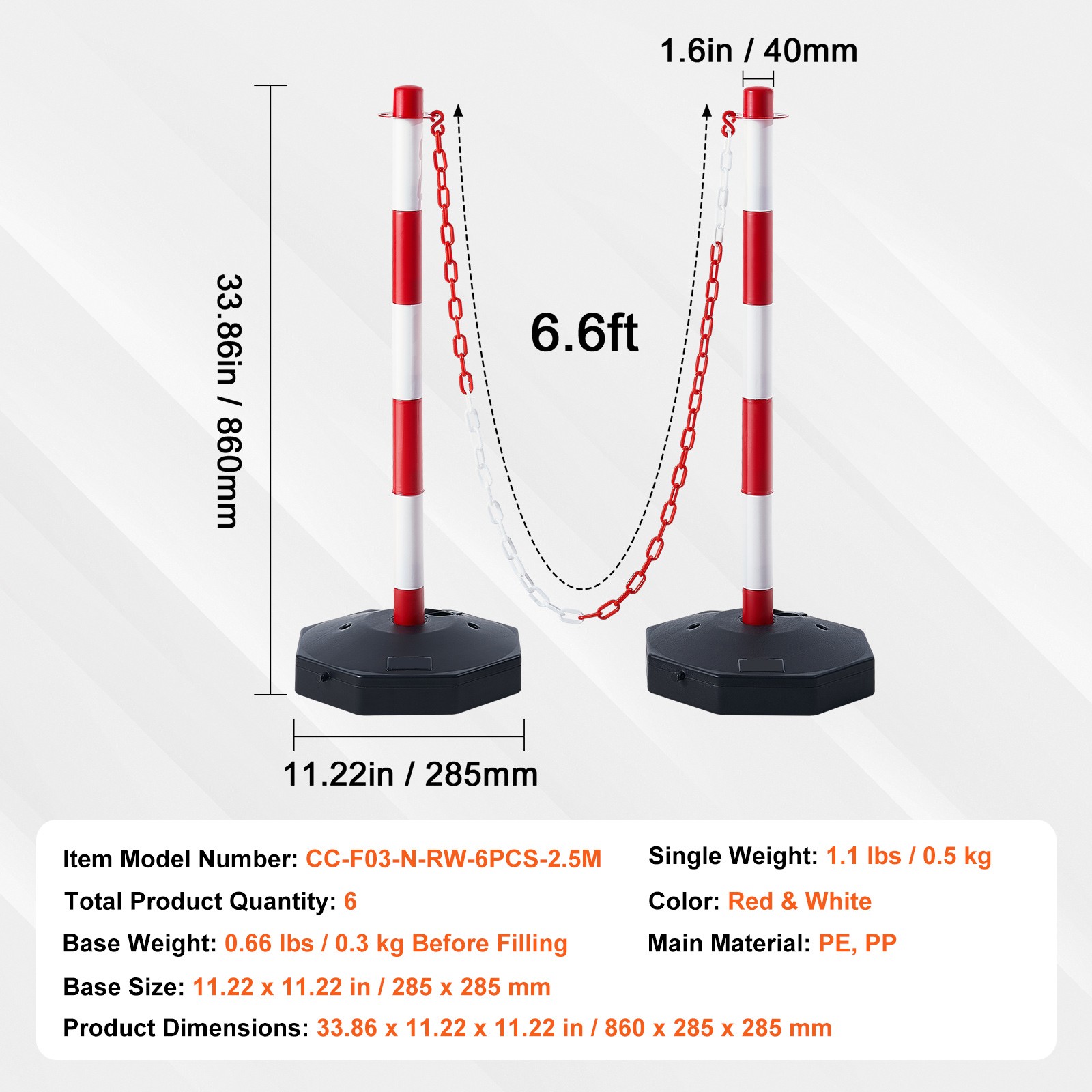 Uimoso 6PCs Traffic Delineator Post Cones with Fillable Base 6.6 FT Chain