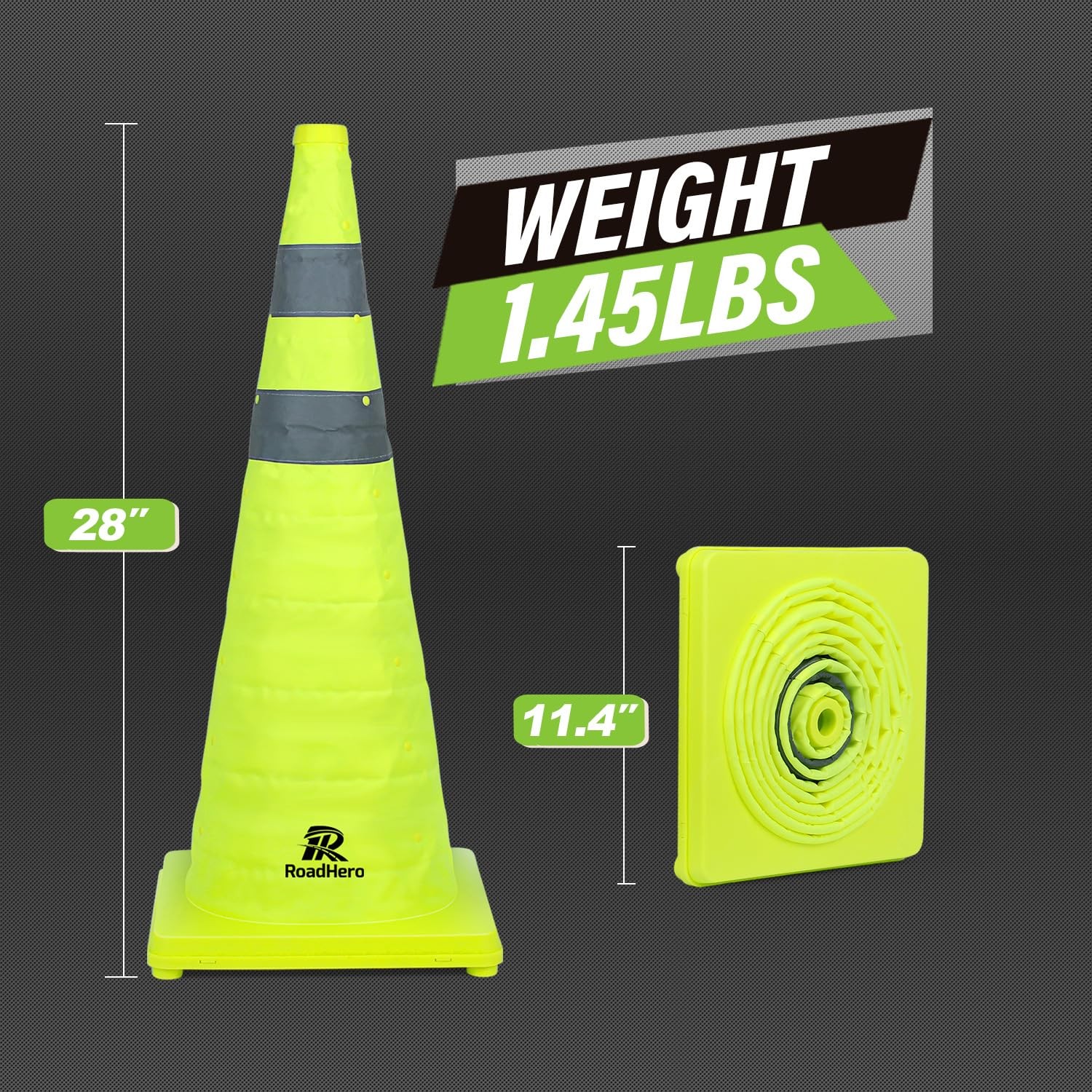 28 Inch 4 Pack Collapsible Traffic Safety Cones, Lime Green Pop-up Cones with…