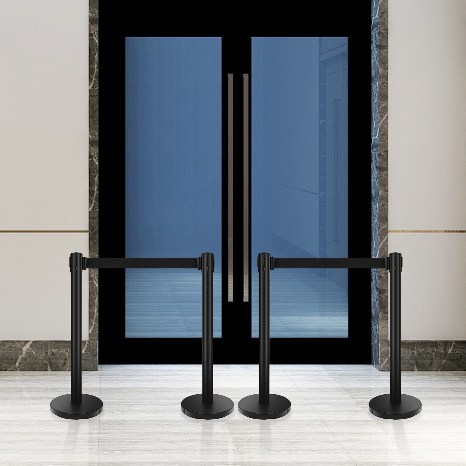 6Pcs Crowd Control Barrier Outdoor Stanchion Queue Pole  Retractable Belt Black