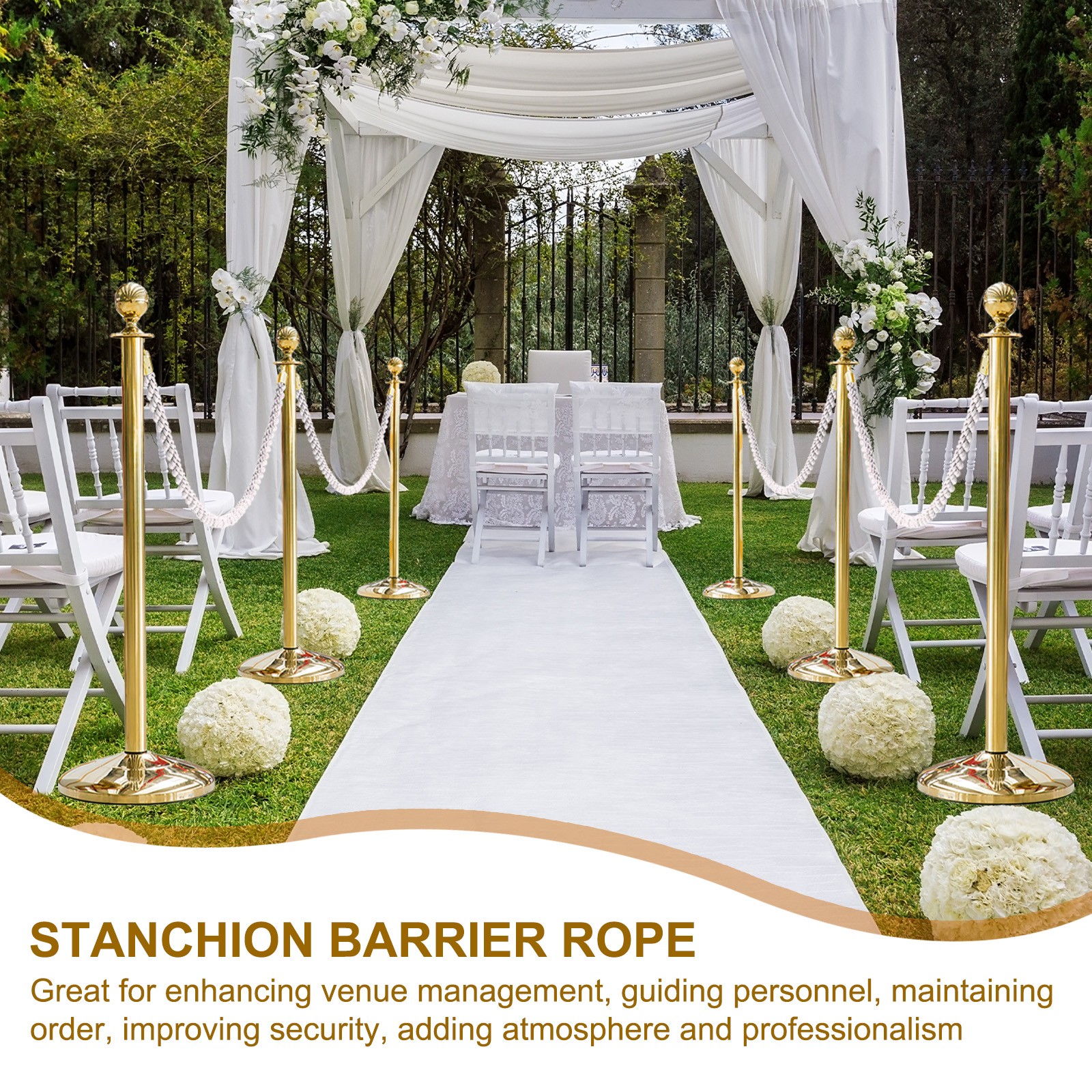 6.6 Ft/2 m Twisted Stanchion Rope Barrier Rope with Hooks White Golden
