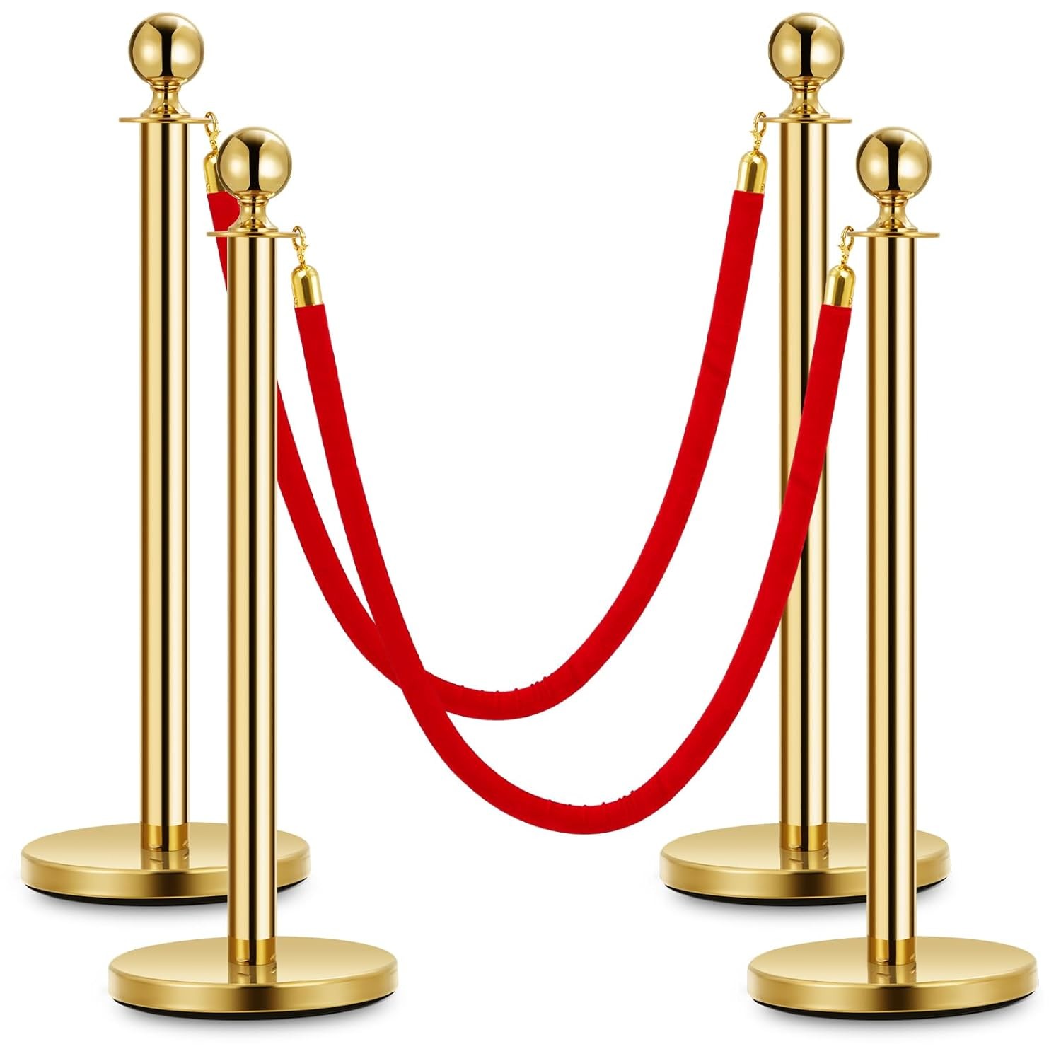 Stanchion Posts Queue Pole Gold w/ Velvet Rope Crowd Control Barrier For Parties