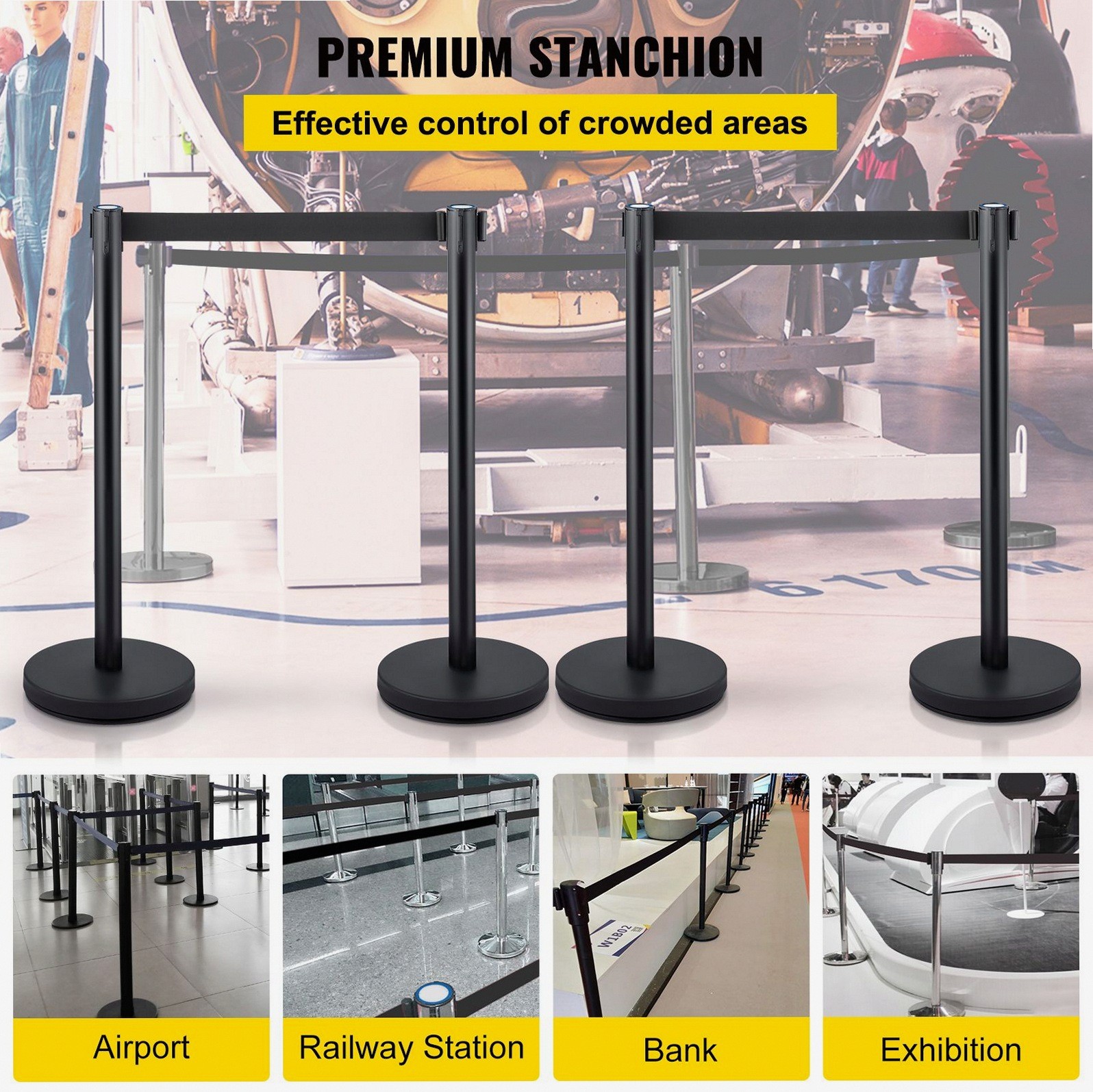 4-Pc Stainless Crowd Control Stanchion w/ 6.6ft Belts & HD Base