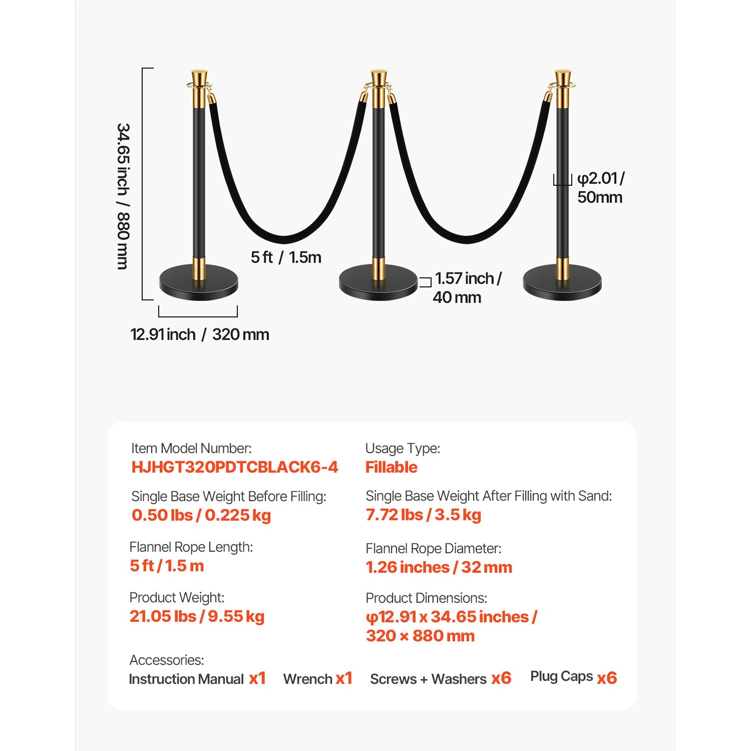 Uimoso 6 Pcs Stanchion Post with 4 Black Velvet Ropes Sand Injection Hollow Base