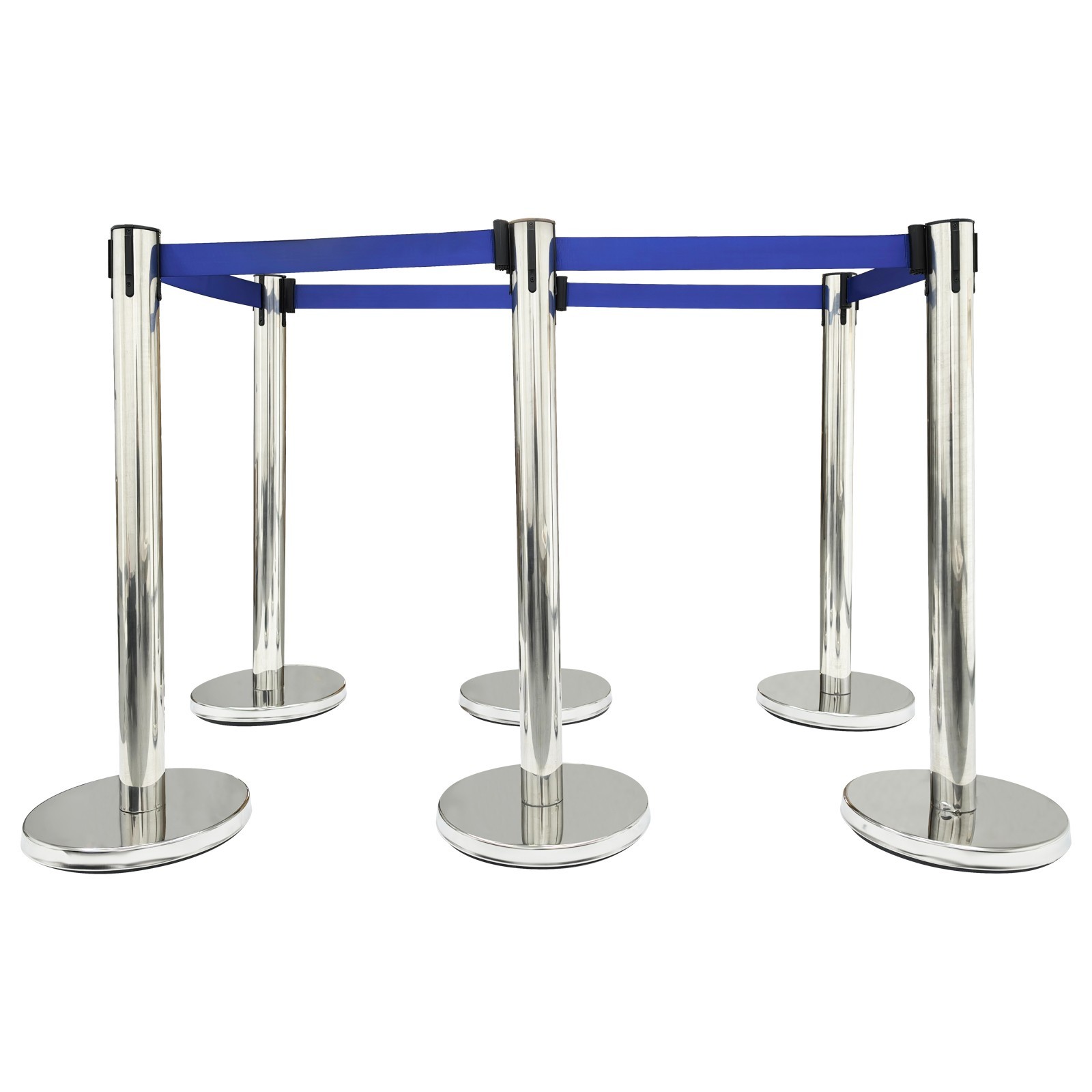 6 PCS Stainless Steel Stanchions with Blue Belts Posts Covers and Bases Blue Ret