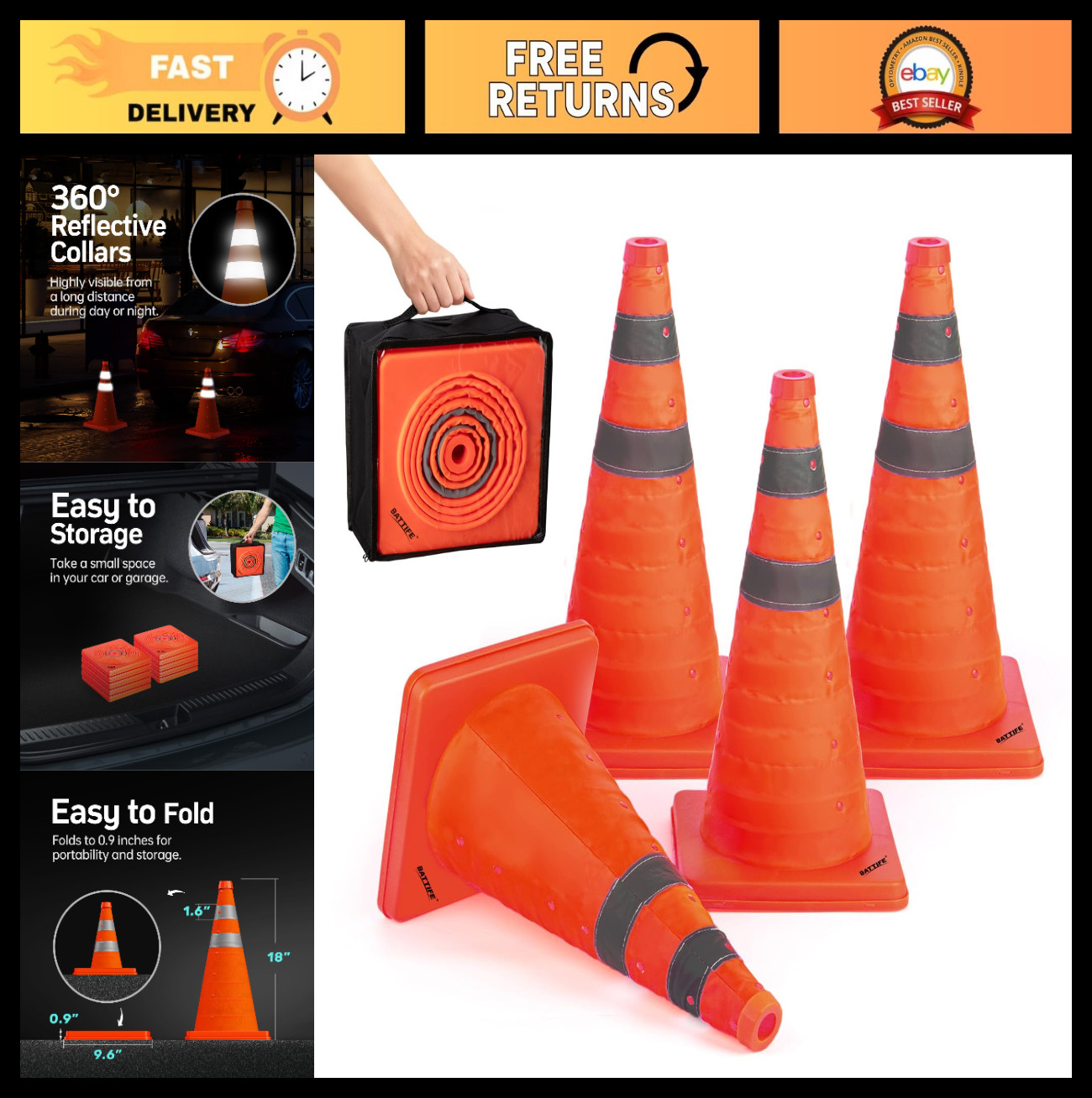 18″ Collapsible Traffic Safety Cones – 4 Pack, Reflective, Multi-Purpose for Roa