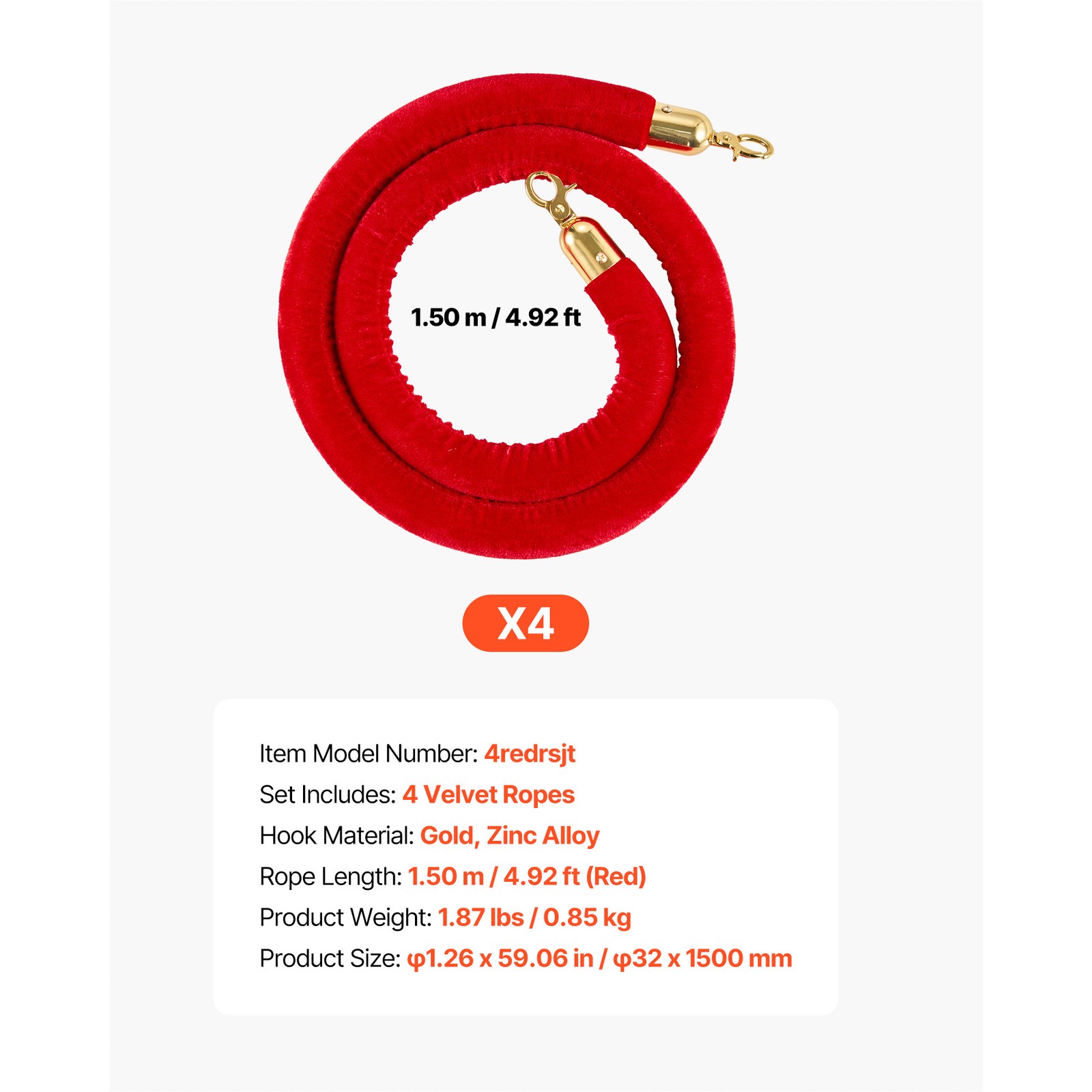 Uimoso 4 Pcs Red Velvet Barrier Stanchion Ropes 5 ft with Gold Connectors