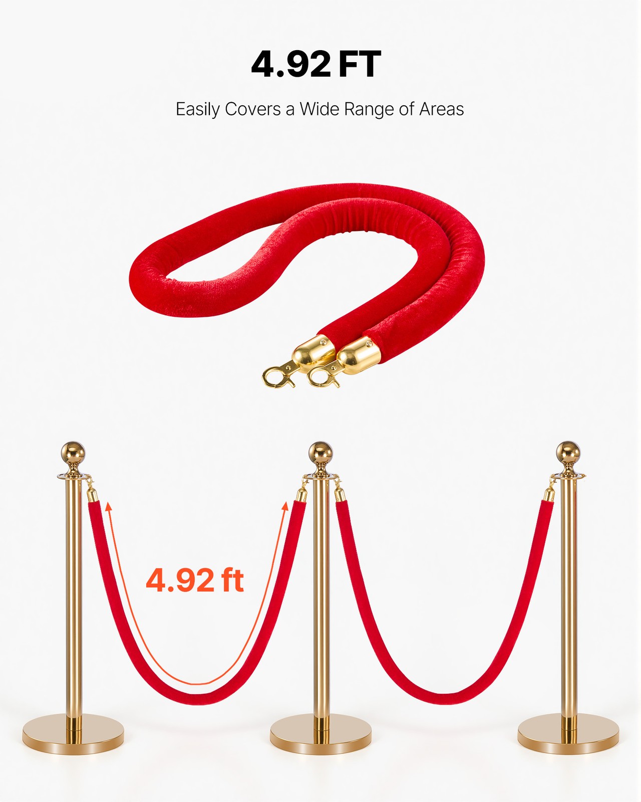 VEVOR 4 Pcs Red Velvet Stanchion Ropes 5 ft Stanchion Post Ropes with Gold Hooks