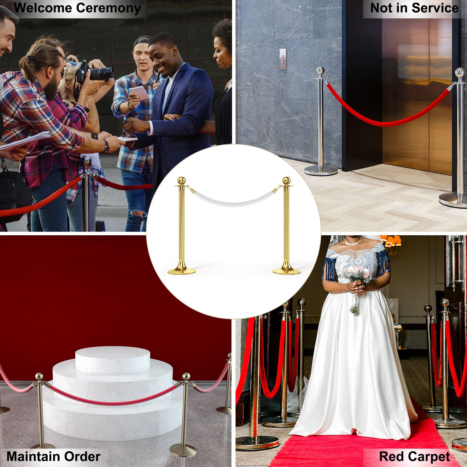 2pack, 4 Feet White Velvet Stanchion Rope Crowd Control Barrier Rope Golden