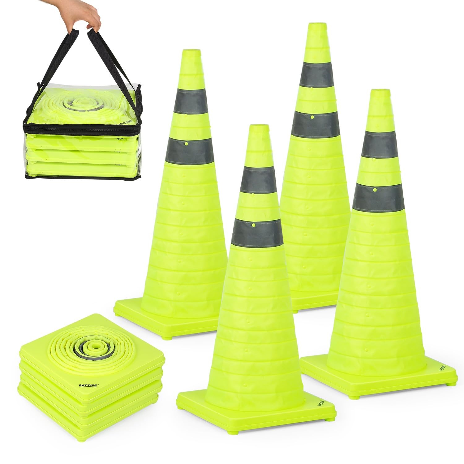 BATTIFE [4 Pack] 28 inch Collapsible Traffic Cones, Lime Green Safety Cones, Pop