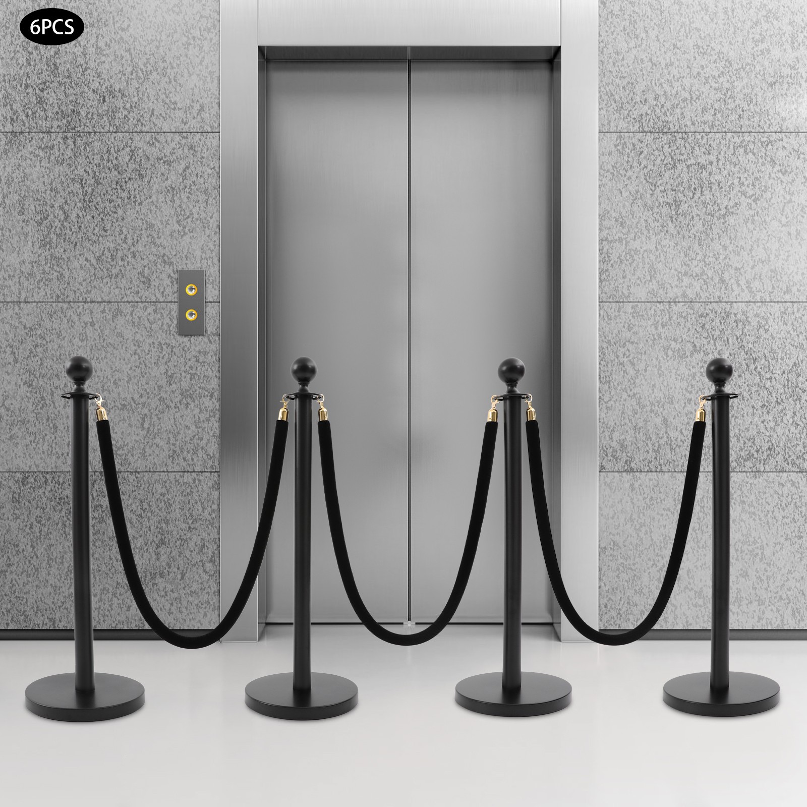 6-Piece Black Stanchion Set 95cm Posts With 4×1.5m Velvet Ropes 201 Stainless