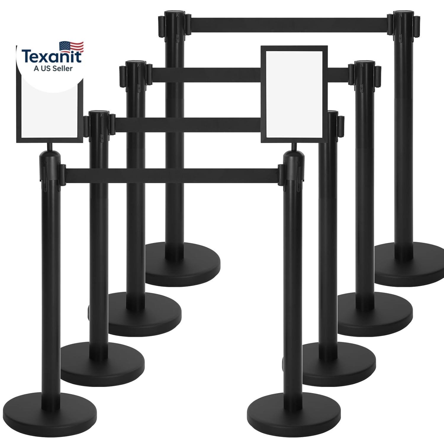 8 Pcs Stanchions with 8.2 Ft Retractable Belt Black Crowd Control Stanchions Set