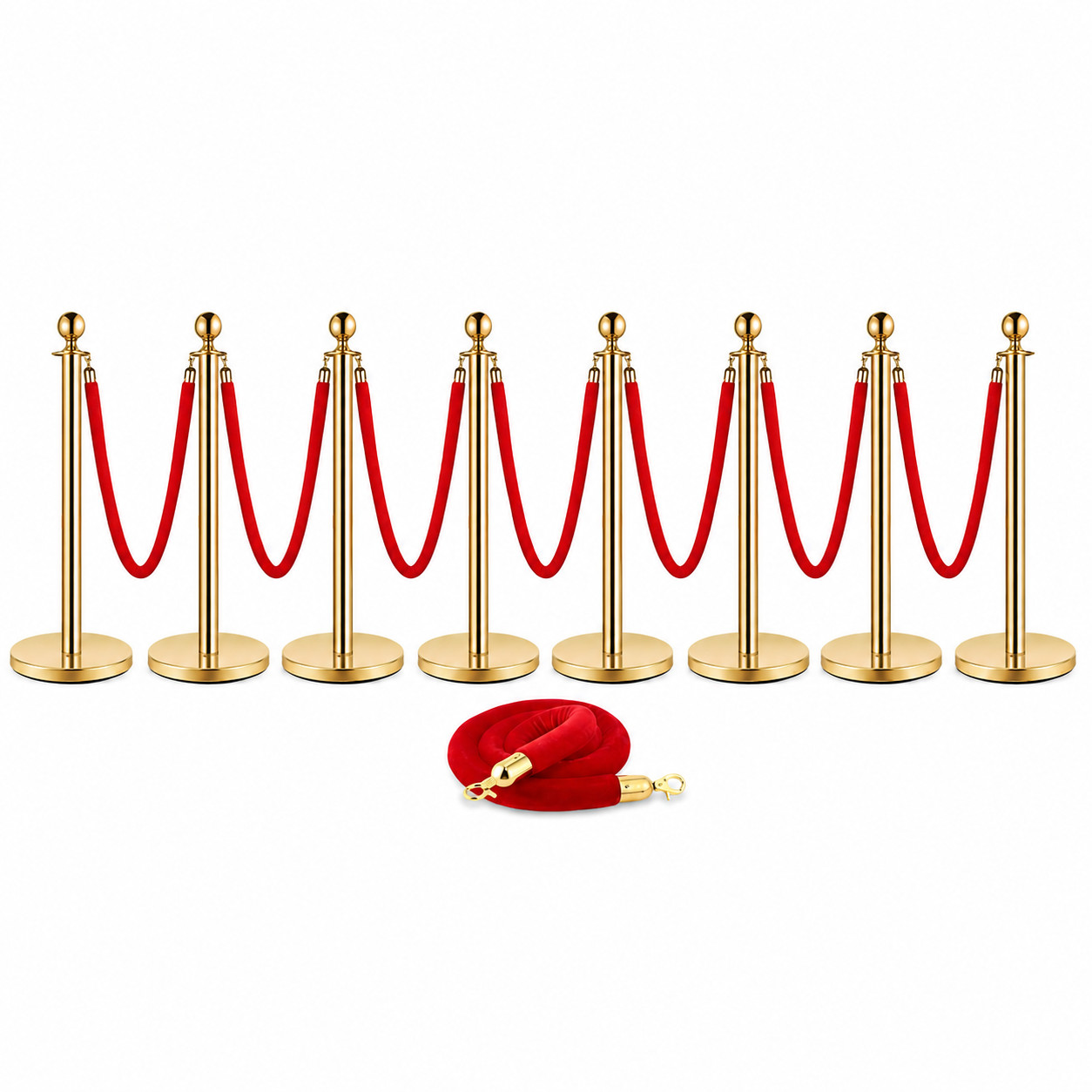 4/8 Stanchions post set: 4/8 pieces of 5-foot red velvet rope, ball top post, so