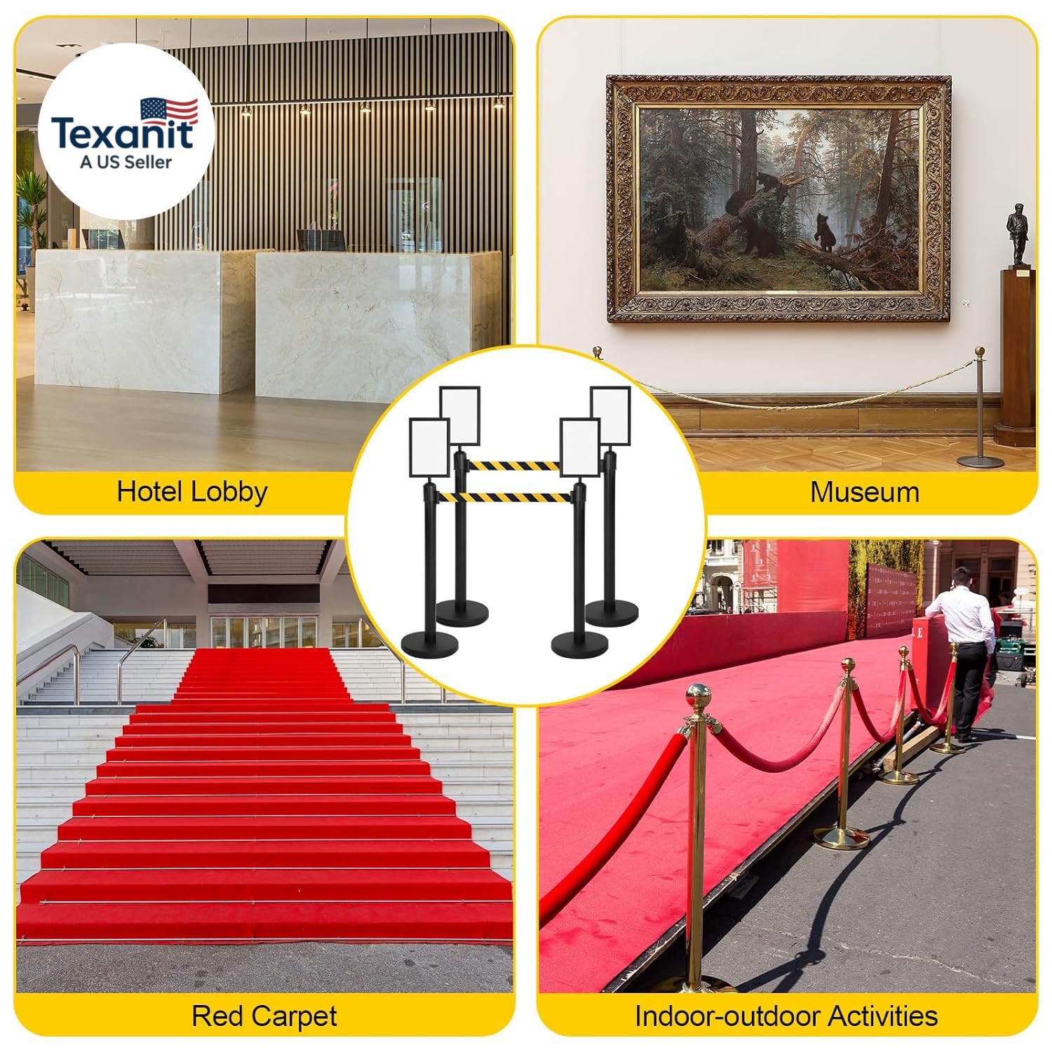 8 Pcs Stanchions with 8.2 Ft Retractable Belt Black Crowd Control Stanchions Set