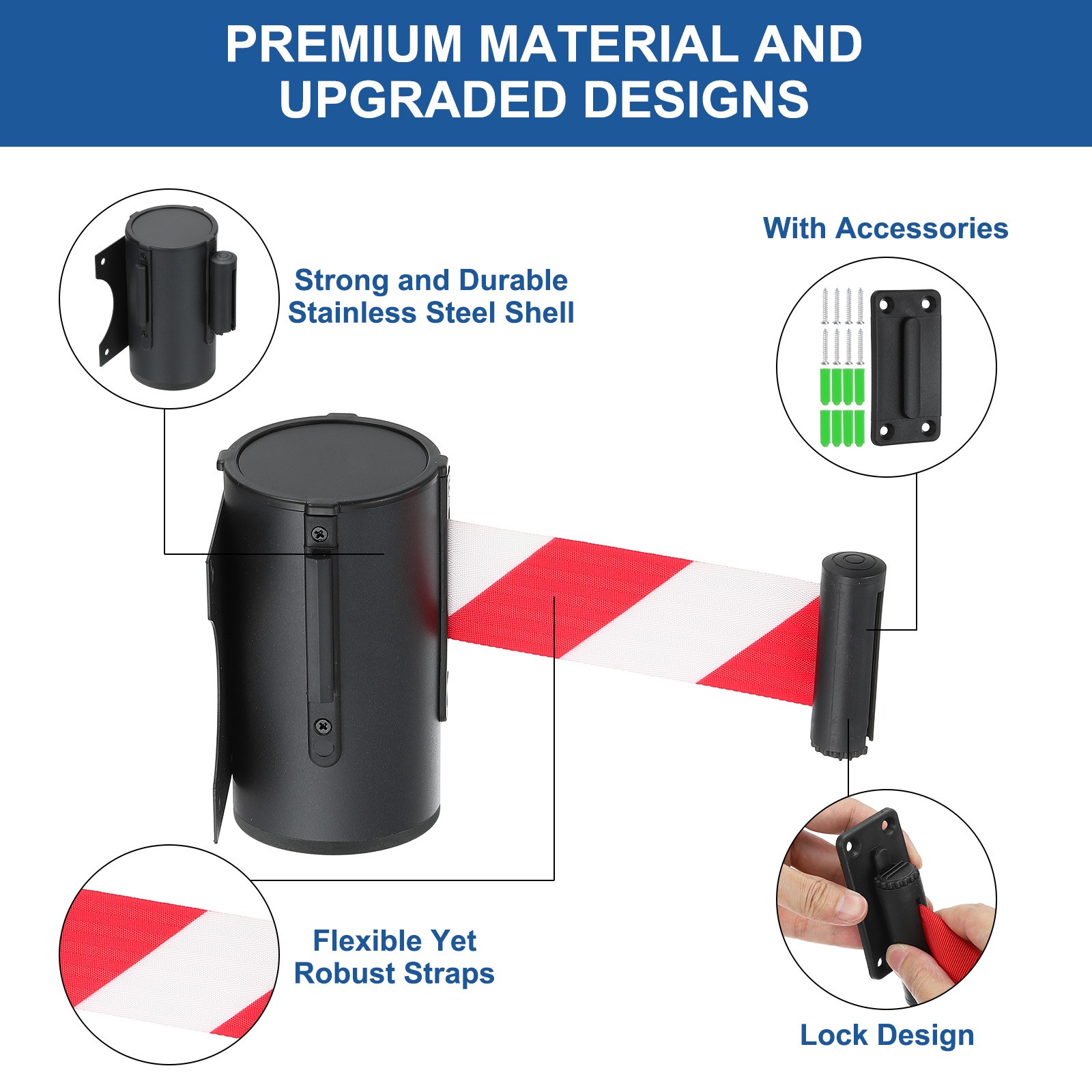 16.4 ft Fixed Wall Mount Retractable Belt Barrier Black/Red/White