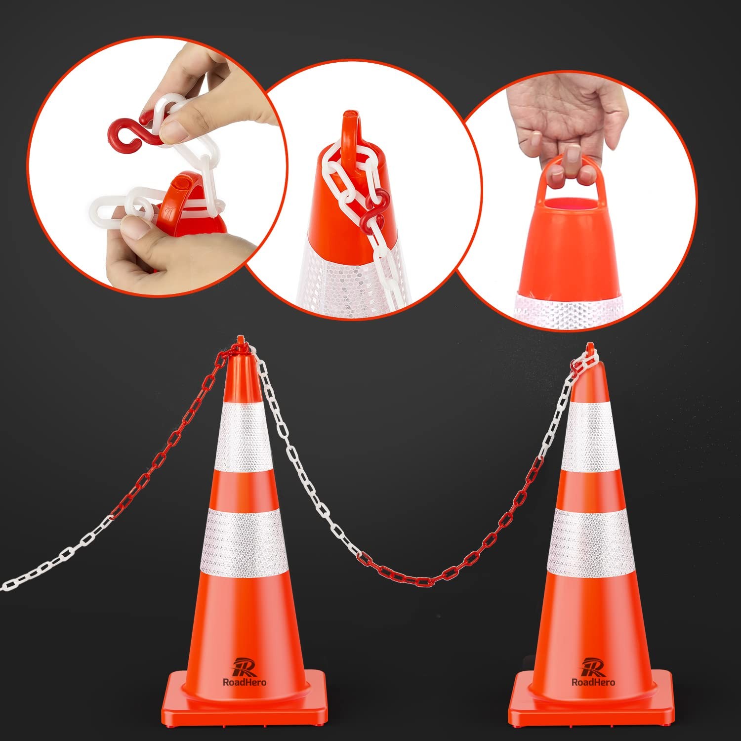 RoadHero (10 Pack) Traffic Cones 28 Inch – Safety Cones with Reflective Collar –