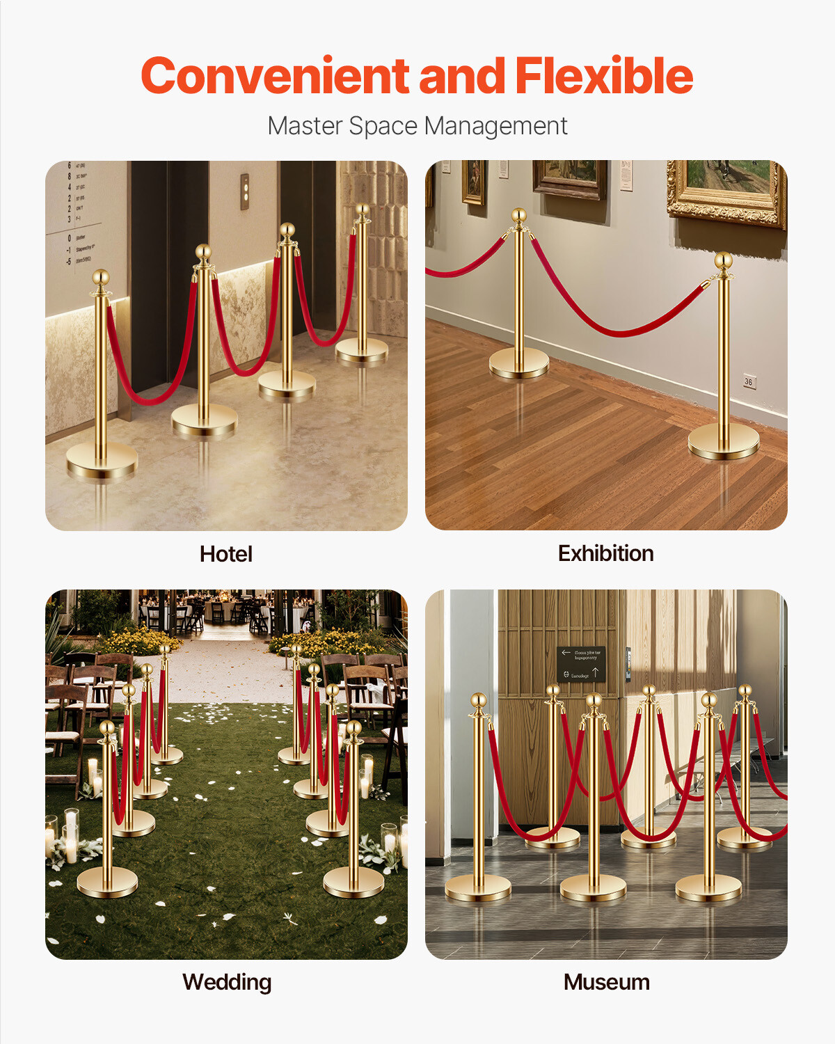 8 Pcs Gold Stanchion Post 6 Red Velvet Ropes Sand Injection Hollow Base