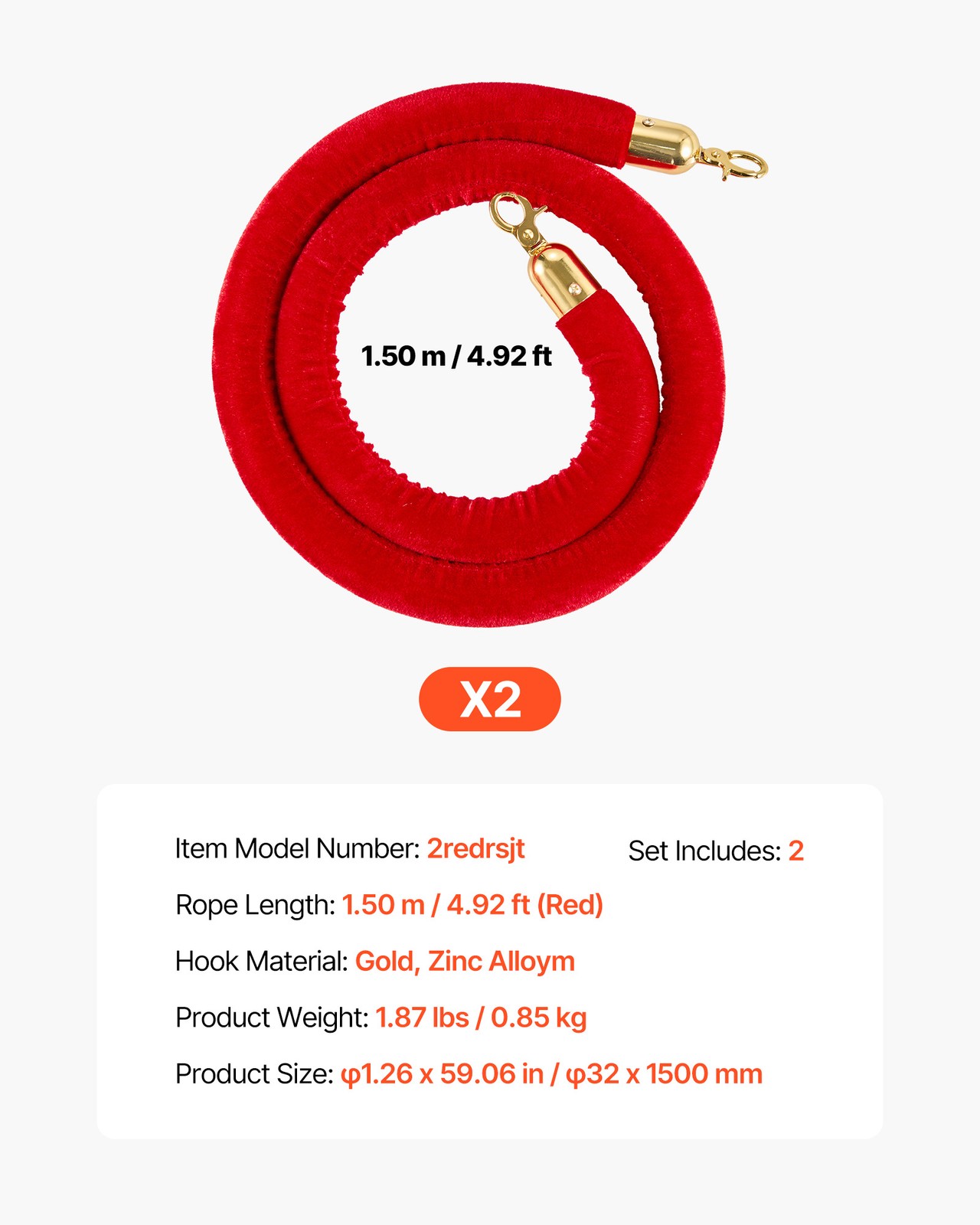 VEVOR 2 Pcs Red Velvet Stanchion Ropes 5 ft Stanchion Post Ropes with Gold Hooks