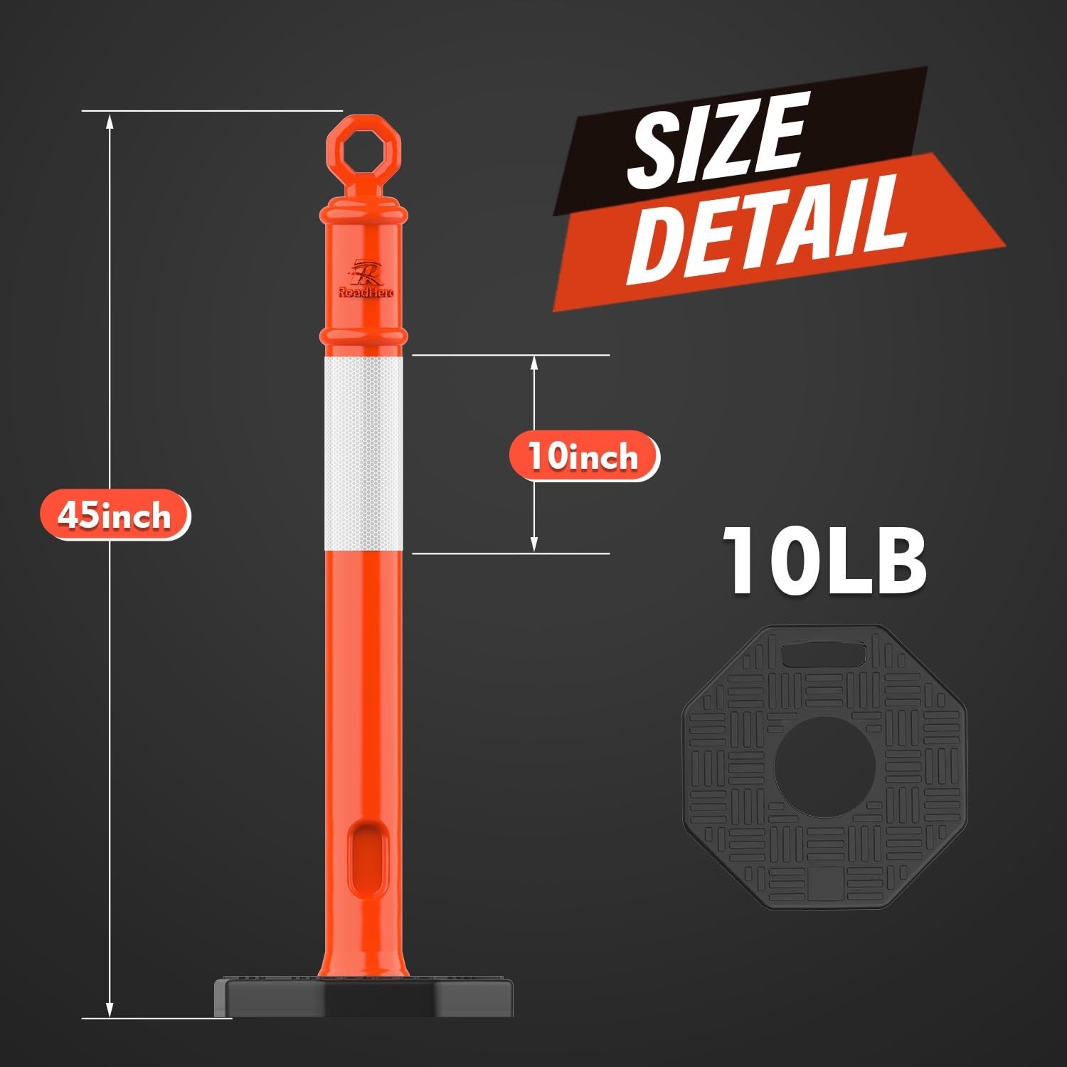 45 Inch Orange Delineator Post with 10 LB Weighted Base, 3 Pack | Traffic Deline