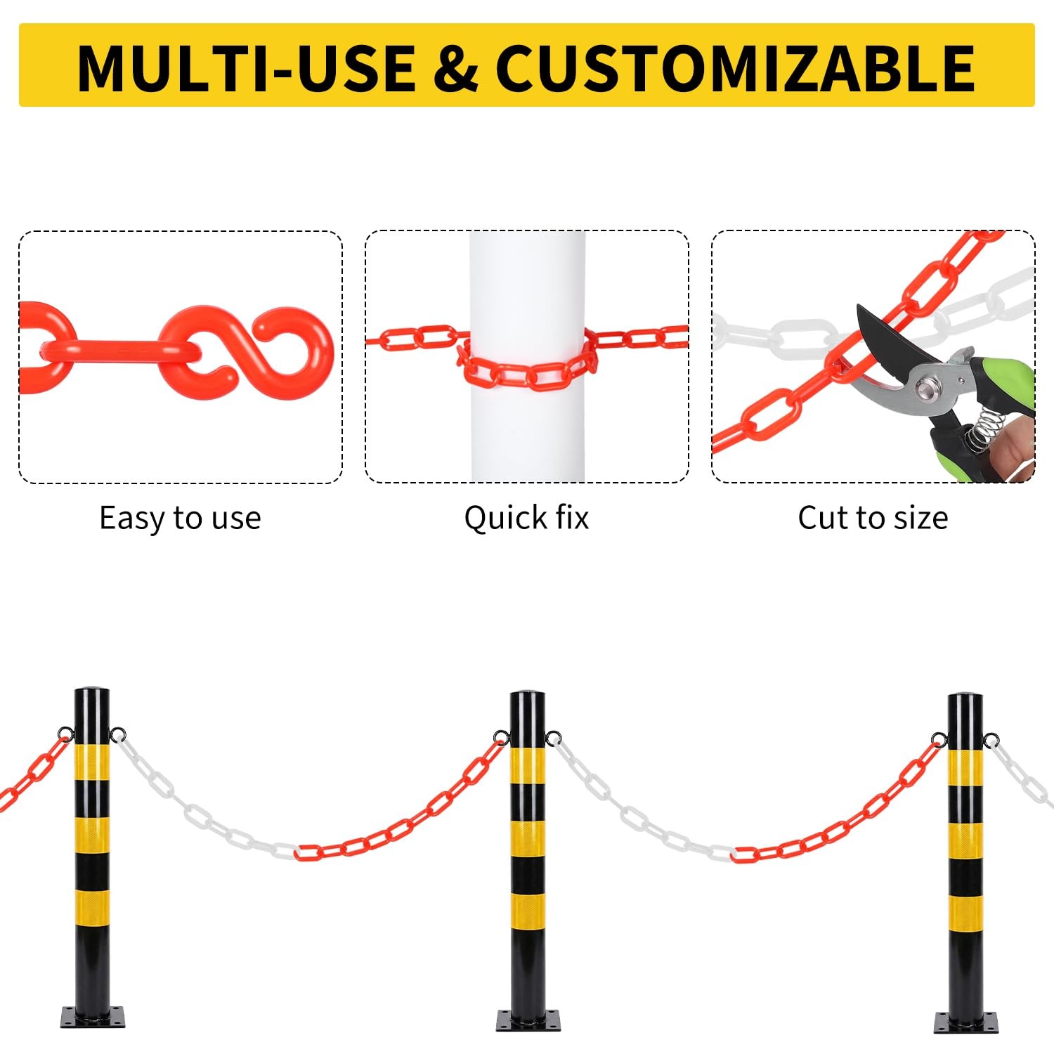 ⭐Plastic UV Resistant Safety Barrier Chain Links 240FT w/50 S Hooks for Driveway