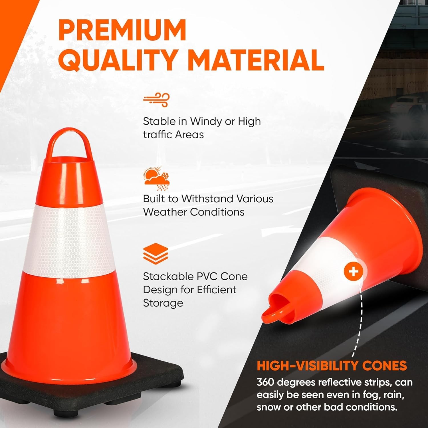 Pyle 12″ Safety Traffic Cones, 6-Pack Orange Parking Cones w/Reflective Collars