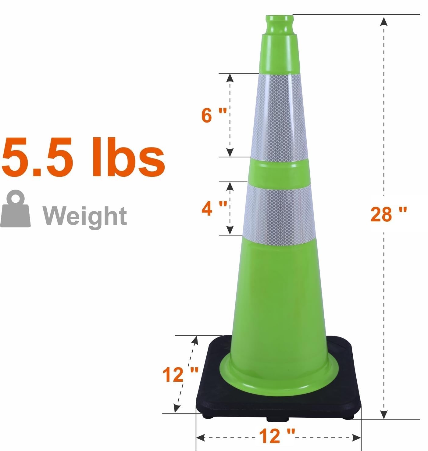 Green 12/18/28/36” Flexible Black Base PVC Traffic Cone with Reflective Collar