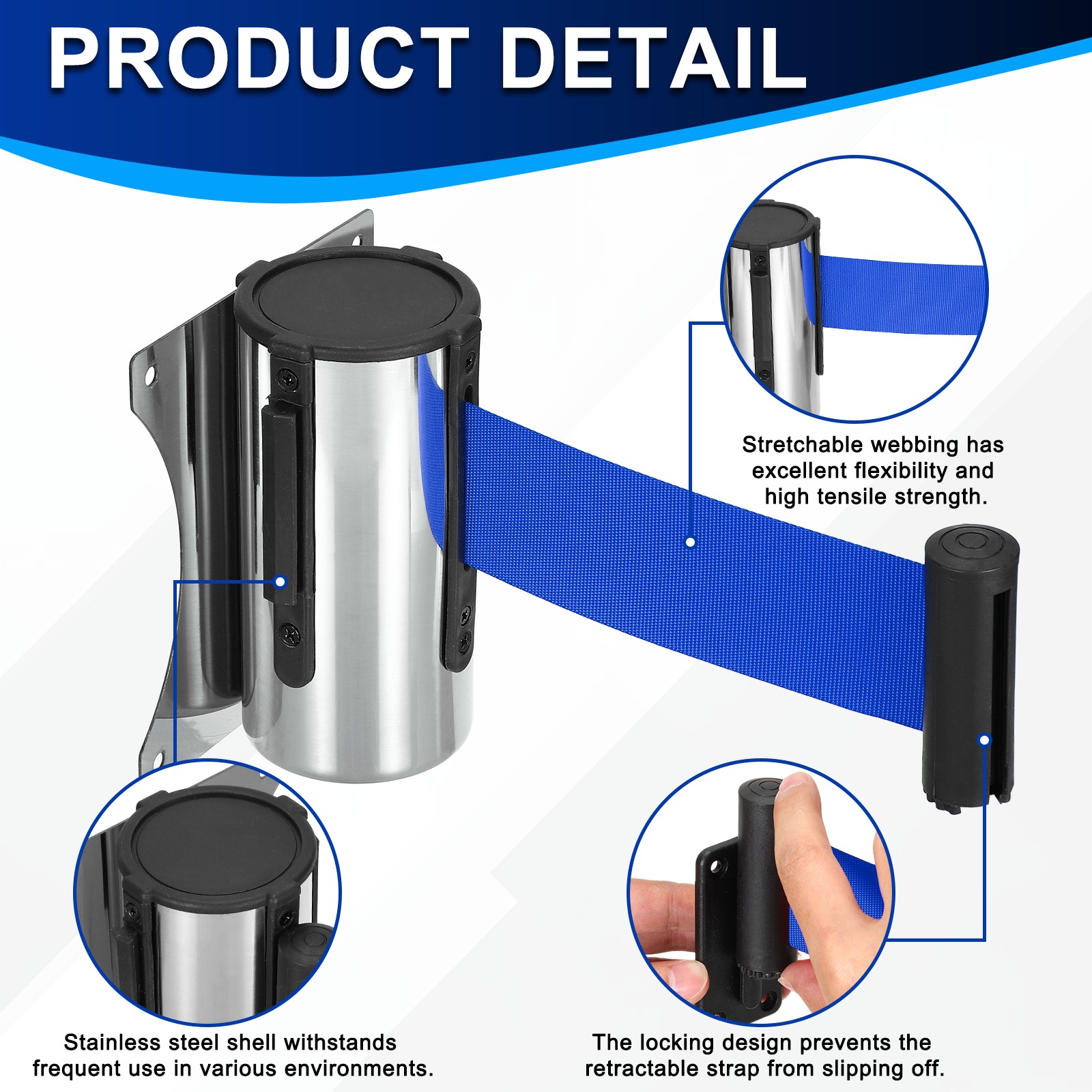 Fixed Wall Mount Retractable Belt Barrier (10 Feet, Dark Blue) (1 Pcs)