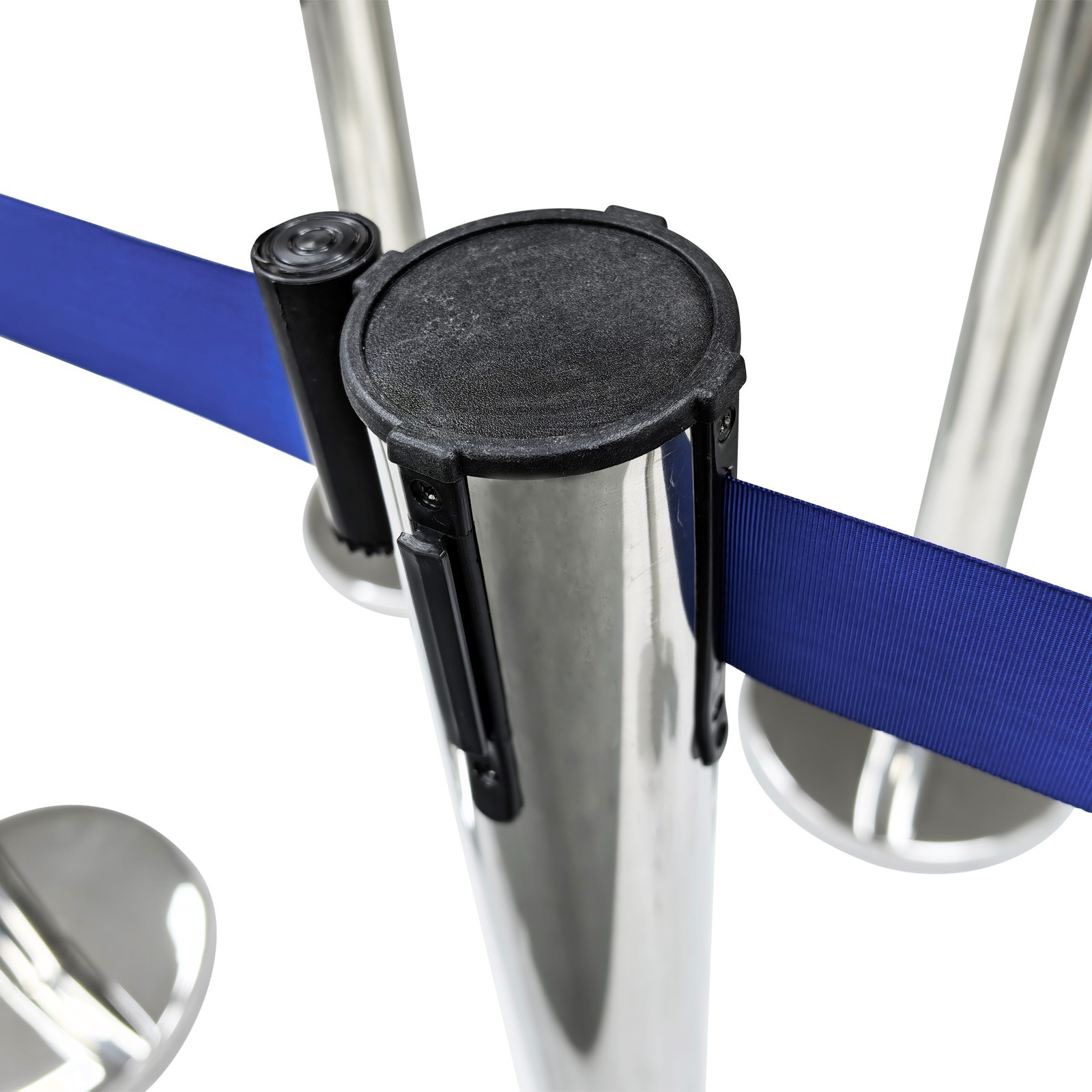 6 PCS Stainless Steel Stanchions with Blue Belts Posts Covers and Bases Blue Ret