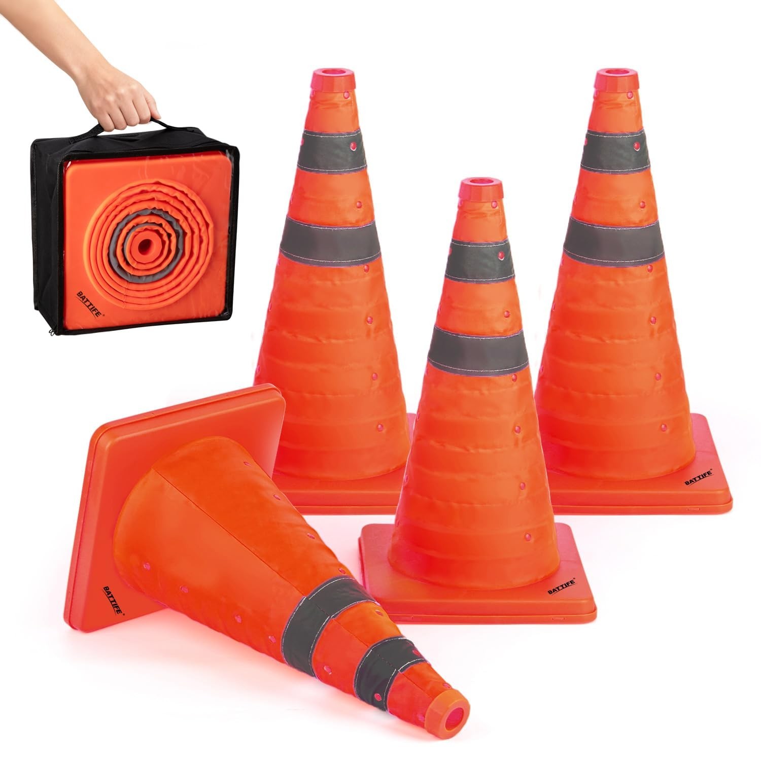 18″ Collapsible Traffic Safety Cones – 4 Pack, Reflective, Multi-Purpose for Roa