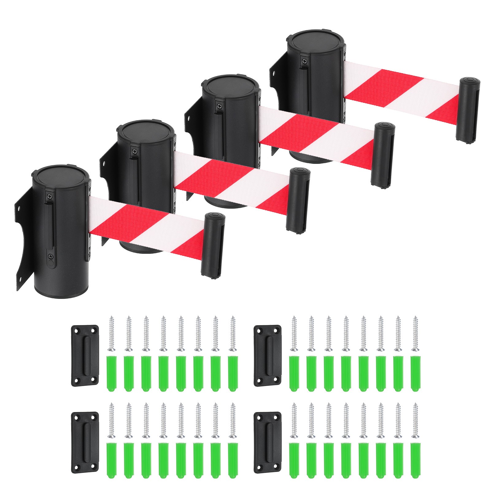 4 Pcs 9.84 ft Fixed Wall Mount Retractable Belt Barrier Black/Red/White